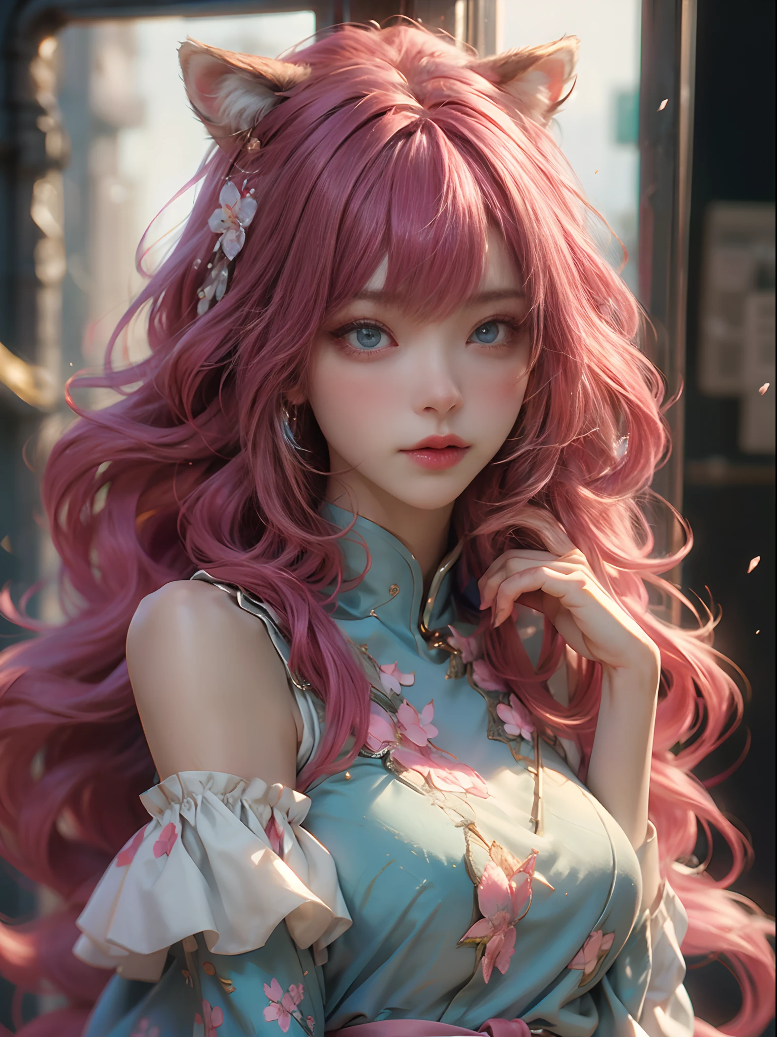 ((best qualtiy)), ((tmasterpiece)), (detail:1.4), Beautiful cyberpunk female images,hdr(HighDynamicRange),Ray traching,NVIDIA RTX,Hyper-Resolution,illusory 5,sub surface scattering,PBR textures,post-proces,Anisotropy Filtering,depth of fields,maximum definition and sharpness,Many-Layer Textures,Albedo e mapas Speculares,Surface coloring,Mitsu-Accurate simulation of material interactions,perfectly proportioned,rendering by octane,Two-colored light,largeaperture,Low ISO,White balance,Rule three points、8K raw data、Beautiful bright blue pupils,off-the-shoulder clothes,Fine pupils,Delicate face and eyes,long eyelasher,Blushlush,Delicate and fluffy hair,pink lip,Pure,Cute face,Sweet girl,Artistic sense,Casual wear,Advancedsense,butterflys,Cherry blossom petal,Beautiful hair accessories,Long hair and waist,Hair fluttering in the wind,Snow-white fox ears,curlies,Snow-white fluffy tail