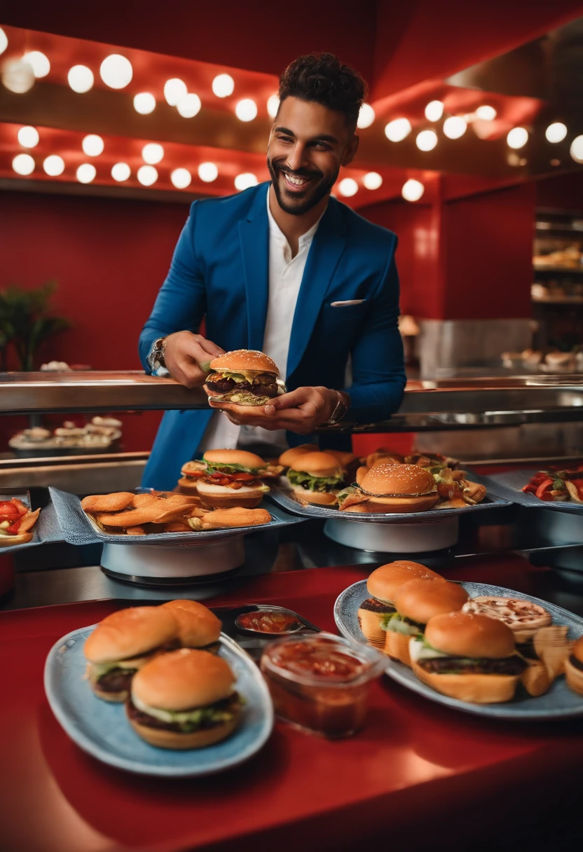 A 30-year-old Brazilian man eats hamburgers at a modern buffet restaurant，The interior is decorated in blue and red. He was delighted, Looking at the camera. Super detailed, Photo.