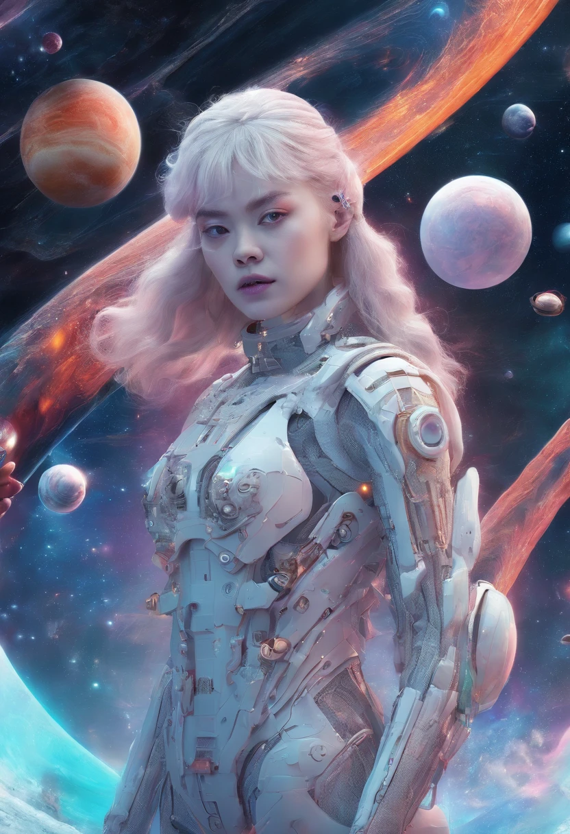 There is a woman standing in a room with many alien statues, elle fanning as an android, 2 0 2 1 cinematic 4 k framegrab, james jean and fenghua zhong, eiko ishioka, promotional still, porcelain, björk, Mechanical --AR 16:9
