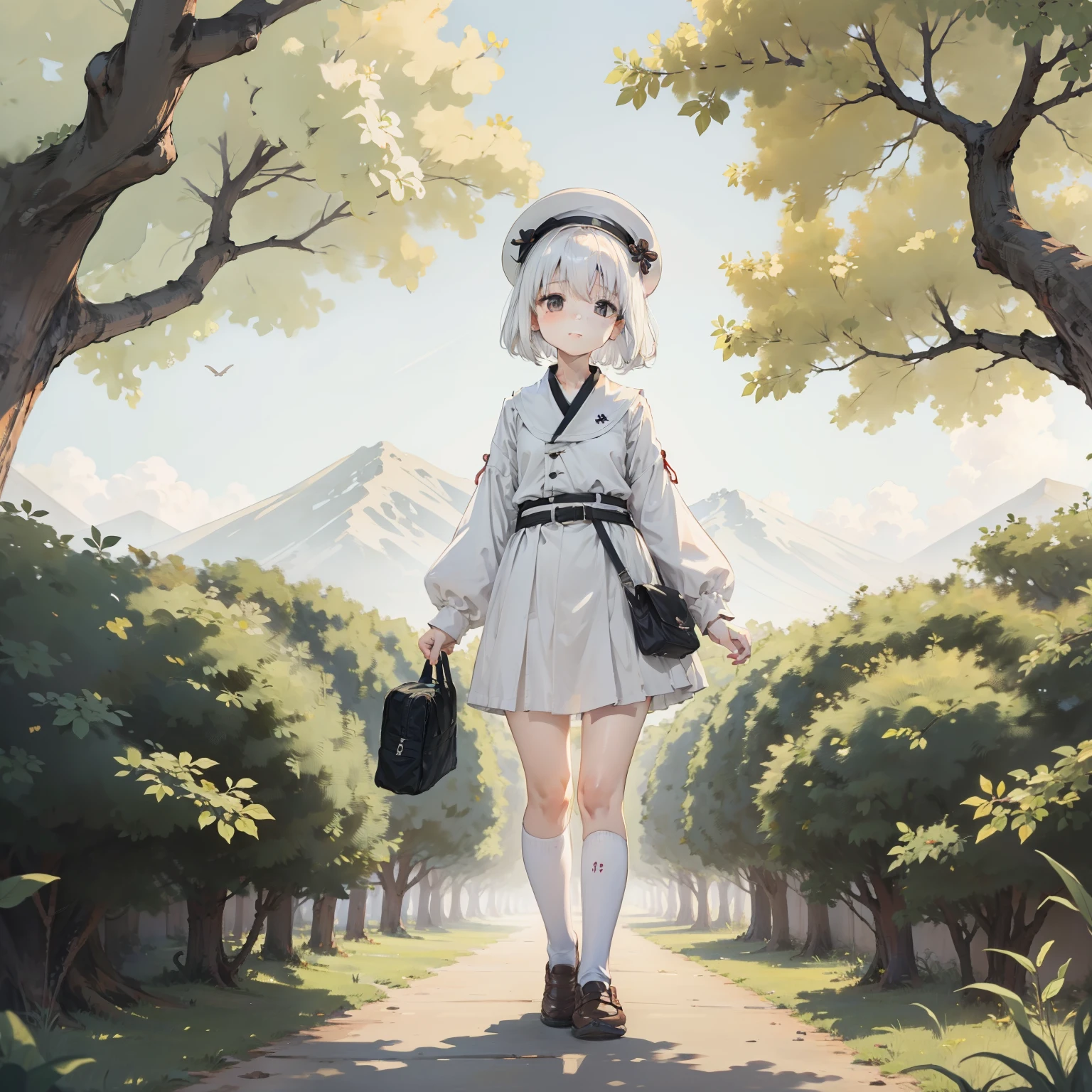 （Stand on an ultra-giant tree 1.2），one-girl，Loli,elementary student，独奏, (with short white hair:1.2),