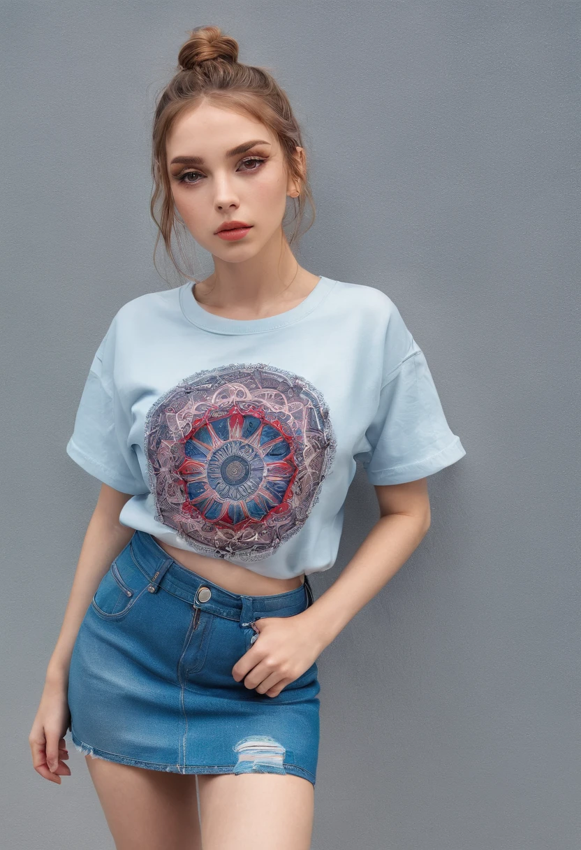 Young beautiful girl, Ultra detailed, offcial art, Unity 8k wallpaper, (FashionMagCover:1.3), Break,Denim mini skirt, graphic tees, Combat boots
, mandalas