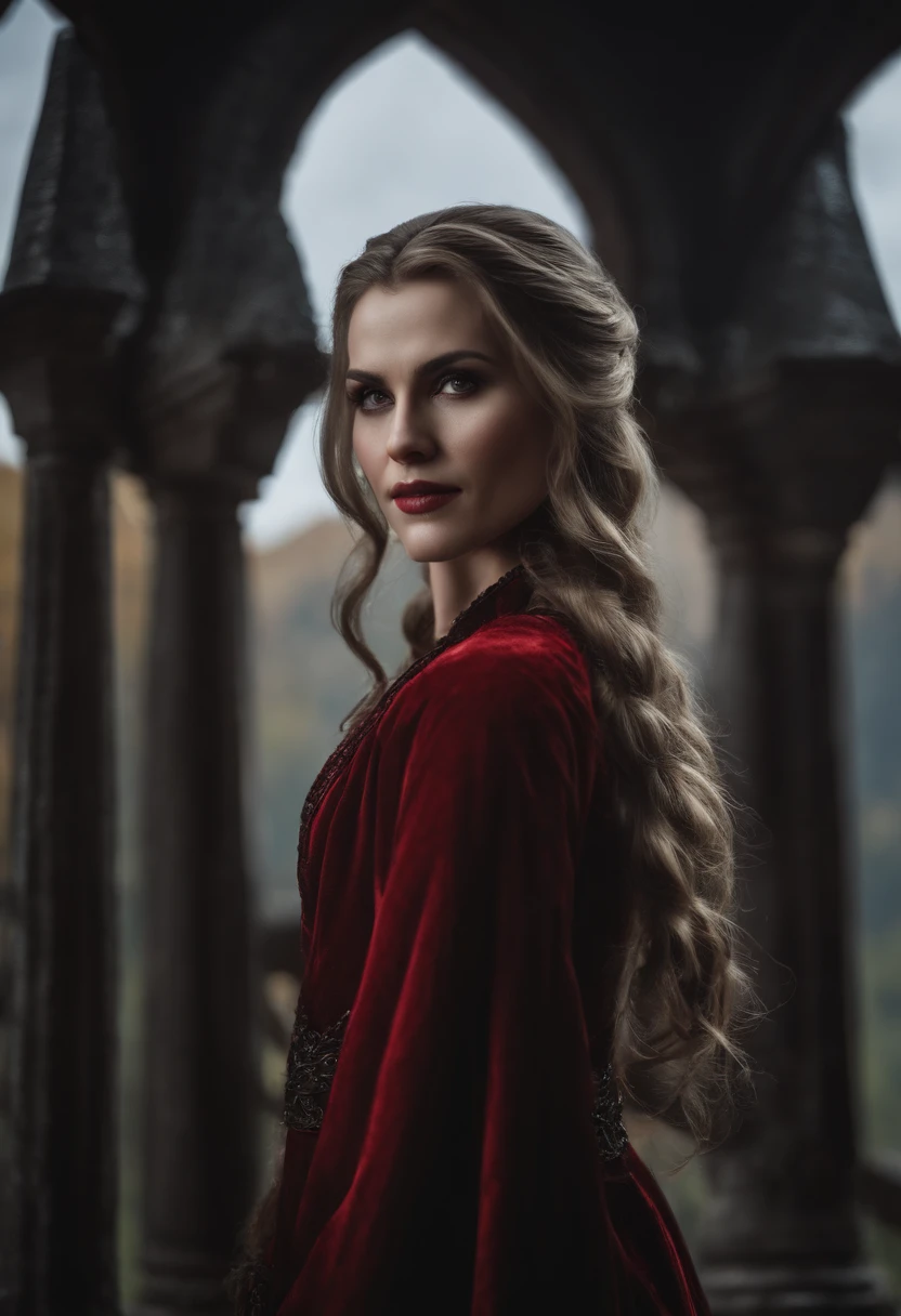 Masterpiece, best quality, hyperrealistic (portrait:0.9) photograph, of (effortlessly beautiful Nordic female vampire with dark braided hair and pale skin), ((Serana from Skyrim)), ((perfect face)), seductive look, (highly detailed skin), lifelike texture, supple skin pores, (wearing velvet red royal vampire robes:1.2), standing in front of Castle Volkihar, dark fantasy_\(setting\), ominous atmosphere, storm clouds above, cold color temperature, dull, (cinematic lighting), shallow depth of field, photographed on a Leica SL (Typ 601) Mirrorless Digital Camera, 35mm F/1.4 cine lens, soft focus, (hyperdetailed, intricately detailed), film-like, HDR, 8k, film still from Skyrim live action adaptation, front facing, [closeup]