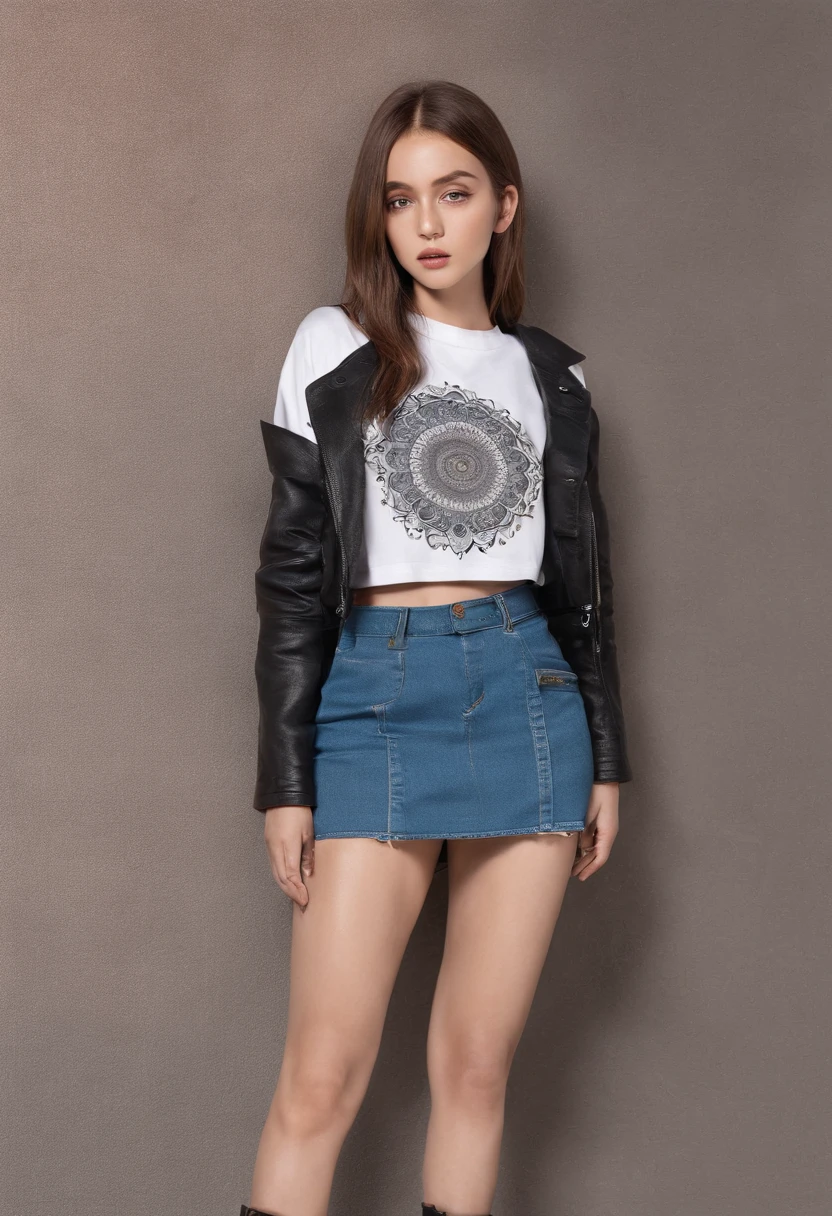 Young beautiful girl, Ultra detailed, offcial art, Unity 8k wallpaper, (FashionMagCover:1.3), Break，Denim mini skirt, graphic tees, Combat boots
, mandalas