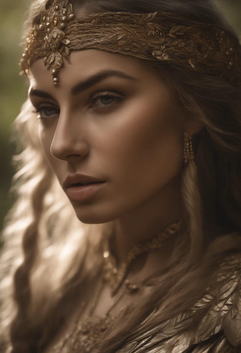 Elowen is a gracefully tall elf, medindo cerca de 1,80 metros de altura, with an ethereal presence that commands respect. His skin is a pale ivory hue, contrasting with the profusion of elven hair cascading down the back. His eyes are a vibrant green, like the leaves of the forest in the middle of summer, com uma intensidade que revela sua afinidade com a natureza.
Cabelos: Elowen possui cabelos longos e reluzentes, with shades ranging from the dark green of oak leaves to the golden color of the sun's rays filtered through the treetops. Ela muitas vezes prende seu cabelo em um coque elaborado com mechas soltas que emolduram seu rosto delicado.
Olhos: His eyes have a captivating quality, with irises that seem to reflect the nuances of the forest. One can see a spark of cunning and wisdom in his gaze, fruit of years of experience and close observation of nature.
Corpo: Elowen has a slender and agile figure, resultado de anos de treinamento como arqueira mestre. Your muscles are long and toned, giving you the strength and agility needed for your combat skills. Subtle marks of magical tattoos shaped like leaves and vines adorn your skin, revealing your deep bond with nature and magic.
Vestimenta: Elowen veste roupas feitas sob medida, made of natural materials like forest spider silk and leather from local animals. Its lightweight armor is adorned with intricate leaf designs and floral patterns, misturando beleza e funcionalidade. Uma capa verde-esmeralda, que se funde perfeitamente com seu entorno na floresta, geralmente cobre seus ombros.