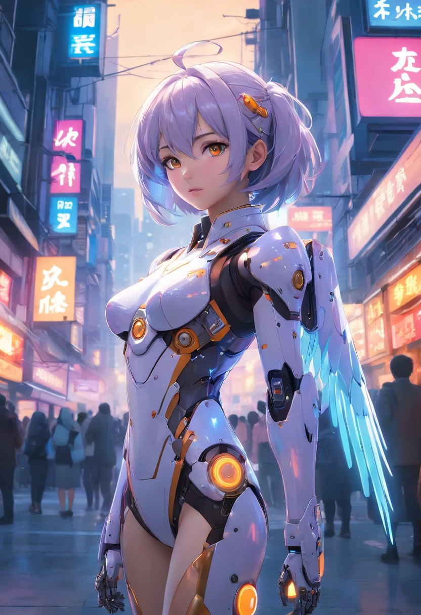 Fantasy scape, night, a beautiful cityscape with full body cyborg girl cyberpunk, lots glow light of lampion, lots big glow light, long shot photography, full body, white hair, cyber mask, cyber angel, white and orange and black machine suit color combination, the sky big planet, sky galaxy, the body full of machine, realistic futuristic hologram, asian skin tone, beautiful eye, beautiful asian face, cyber ear machine, suits is solid mecha, realistic machine, sci fi scape, manipulation is a masterpiece, long hair, masterpiece, suit of steampunk, realistic sci fi building texture mecha aestethic, digital cyberpunk, looming over a city, cyber technology, realistic hair, lots of hair, white of hair, realistic metal solid texture of building, realistic neon glow, realistic neon sign, wonderful side lighting, realistic futuristic cyberpunk building, realistic girl robot cyberpunk, fog, foogy, masterpiece of detail, RAW IMAGE, depth of field, point of interes, depth of field is masterpiece, best photography composition masterpiece, natural realistic hair, rule of third masterpiece photography, natural lighting, photography masterpiece natural lighting from side, realistic skin texture, strong reflection, ( pose pinterest) masterpiece beautiful, angel wing, smooth pixel, ray of light, soft light, small breasts, mastepiece of cyber mask, masterpiece fantasy gun, carry a fantasy weapon, weapon fantasy (artstation)
