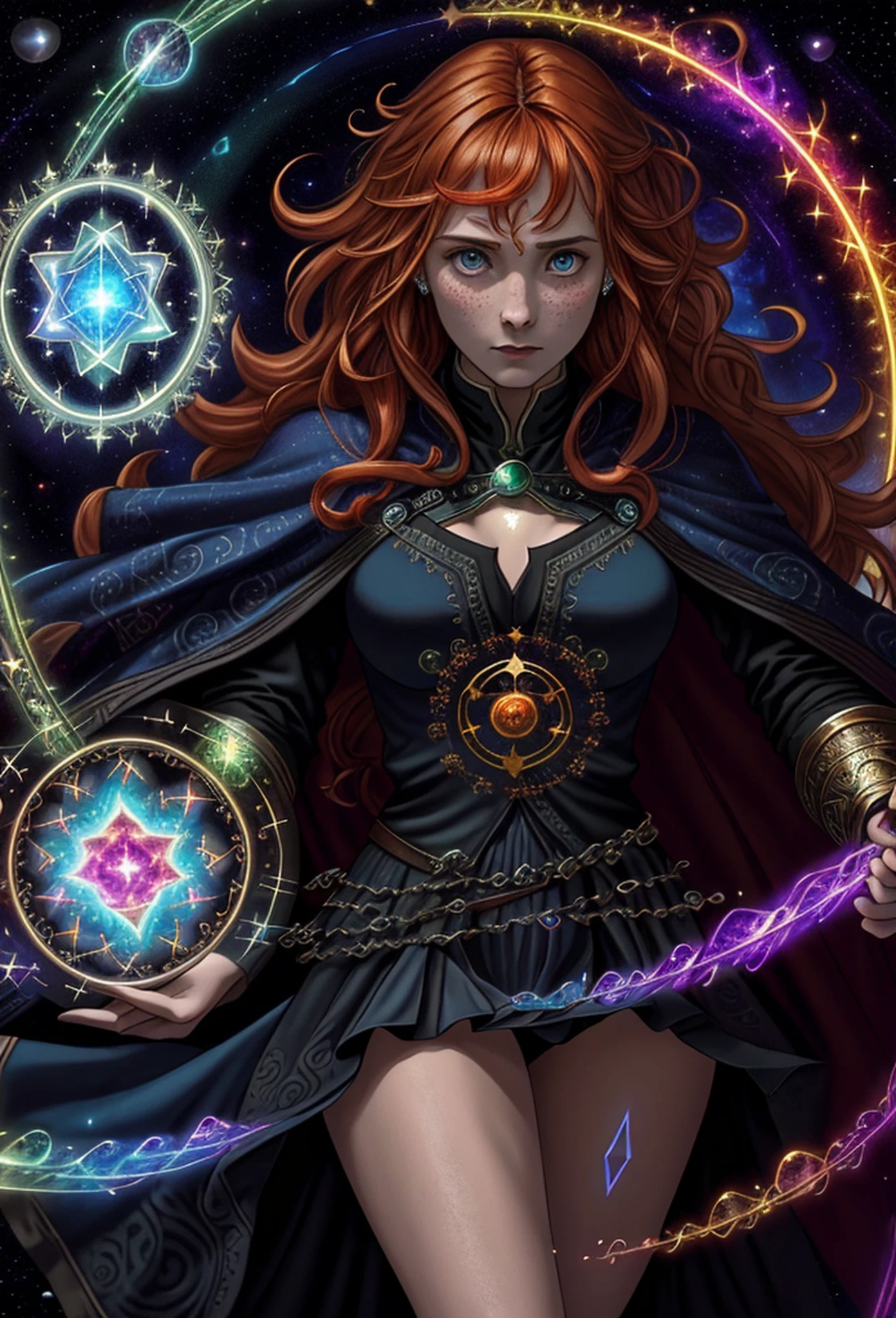 ((best quality)), ((masterpiece)), ((dark fantasy style)), ((dynamic action pose)), 1girl, majestic intricately detailed soft oil painting by jim lee, close up upper-body portrait,(a stunningly gorgeous worried long haired ginger sorceress standing in a glowing runic summoning circle:1.3), (soft facial features:1.3), freckles, detailed mesmerizing eyes, intricately embroidered open robes, piercings, (arcane magical symbols:1.4), (cosmic fractals, Mandelbrot swirling magical spectrum energies everywhere:1.6), Deborah Ann Woll|(Karen Gillan:0.7)|(Emma Watson:0.8), (in a dark arcane library:1.1), (glowing sparks:1.2), hard edge lighting, professional, soft volumetric lighting, depth of field, film grain, smooth, roughness, real life, cinematic film still from doctor strange|(cannibal holocaust:0.1)|game of thrones:0.3)|(vikings:0.3)|Scary Stories To Tell In the Dark|doom
