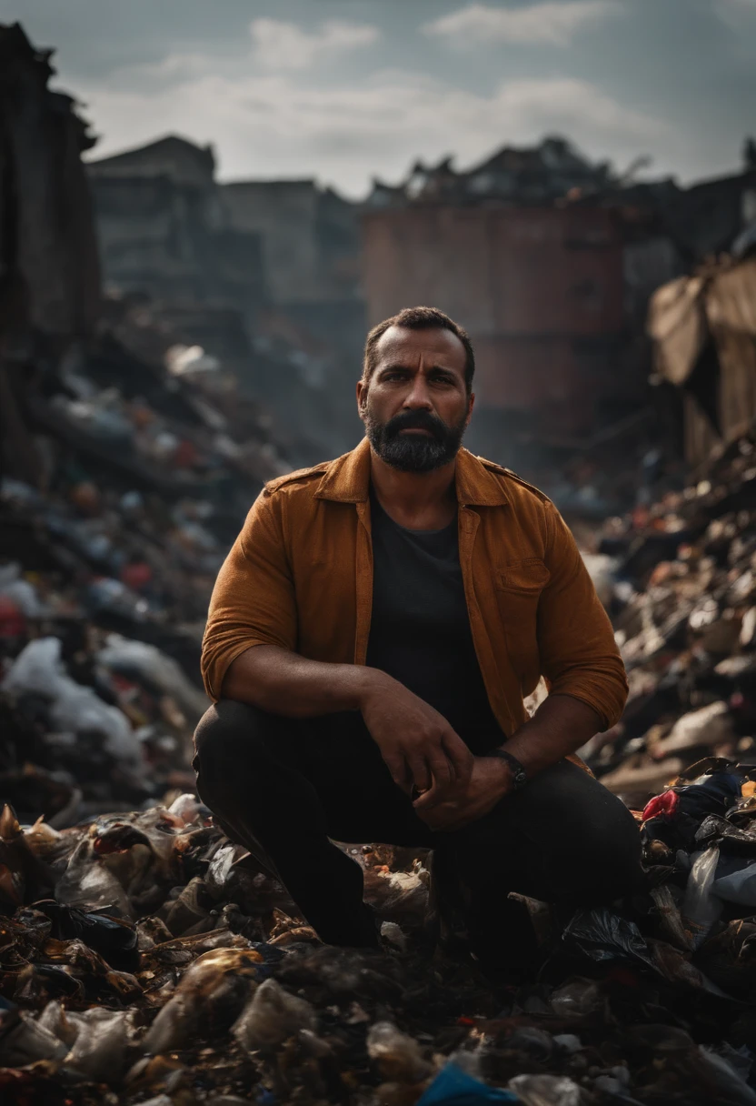 A very strong man of about forty years old looks down at the camera in a garbage heap，The background is very oppressive compared to the darkness