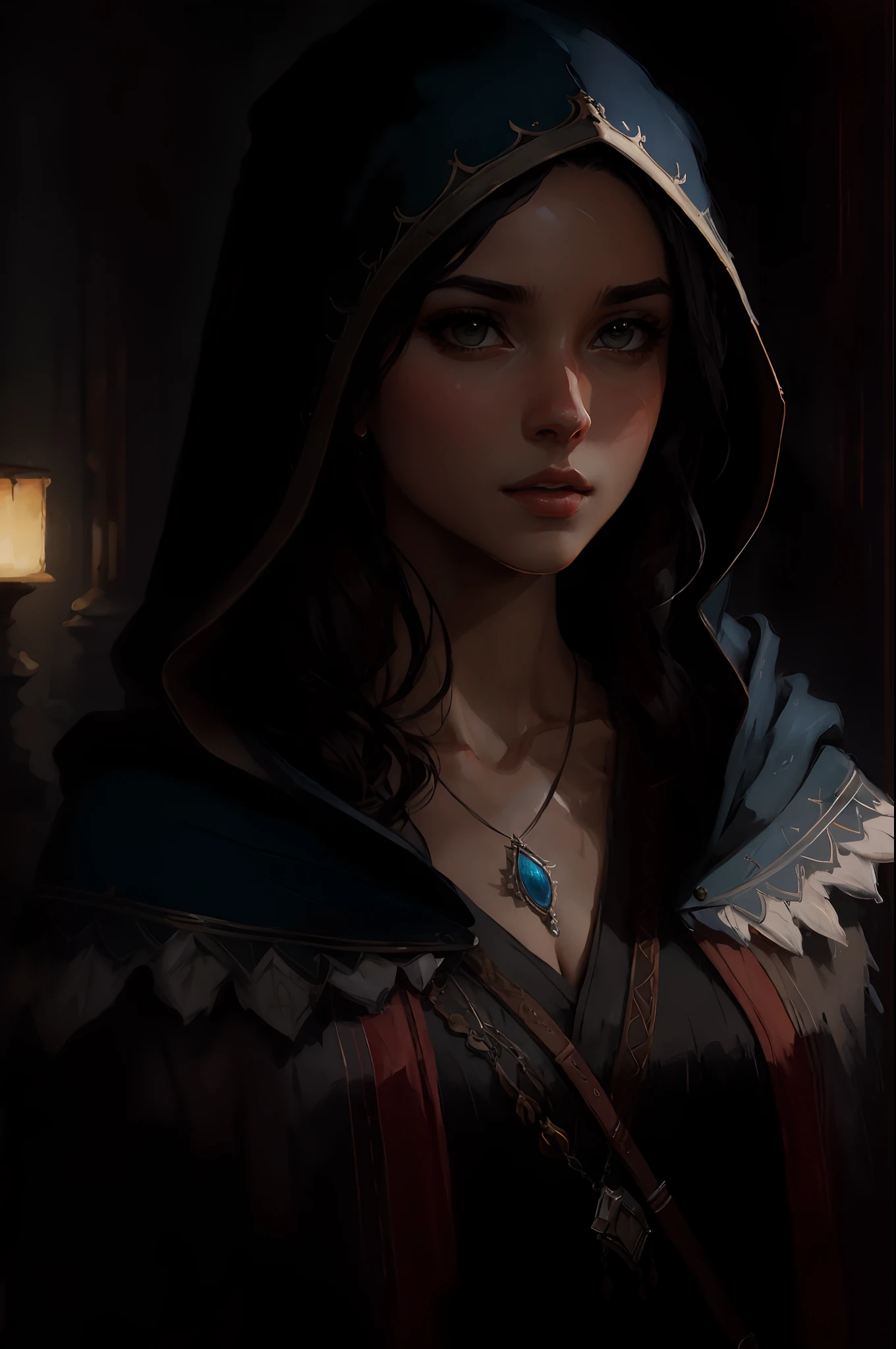 Epic chest close-up，The woman's strong and sinister eyes，Framed with faded old clothes, Tattered white linen hood，reflecting golden sparks in the irises of the eyes，is in night，dramatic  lighting，hight contrast，Highest definition，ultra-realistic realism，ultra-realistic realism，realisticlying，A high resolution，HDR photography，8K，Sexy women
