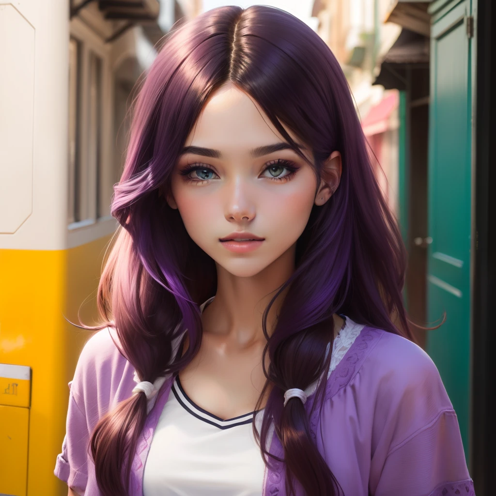 Chica de cabello largo color morado