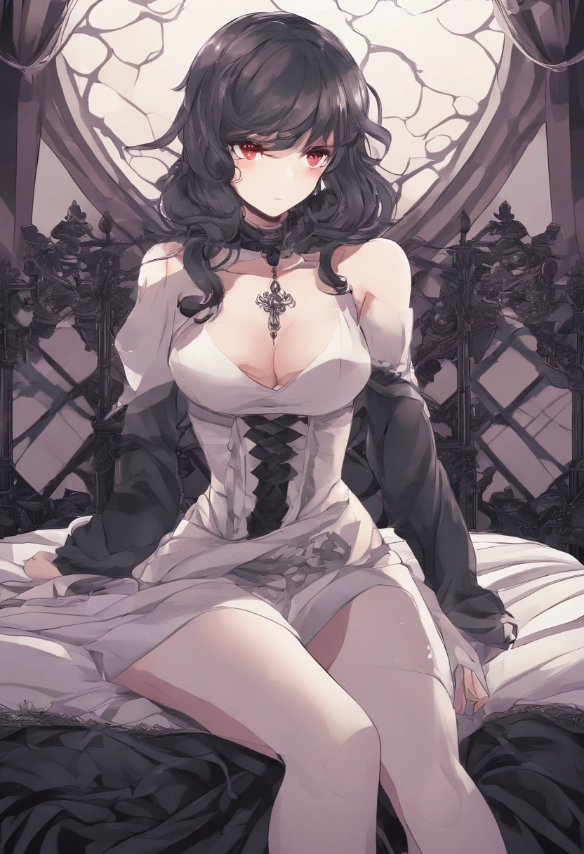 1girl, bed_sheet, black_legwear, blush, breasts, cleavage, collarbone, covering, covering_breasts, crossed_arms, red_eyes, medium_breasts, misty_(pokemon), navel, nude, grey_hair, short_hair, side_ponytail, signature, sitting, solo, thighhighs, topless,