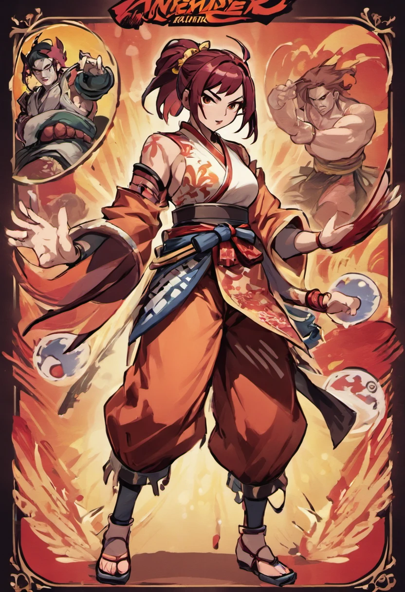 Design a character selection screen for a fighting game, ancient Japan, featuring a seamless transition between characters, vibrant color schemes, and dynamic backdrops, website design for Games