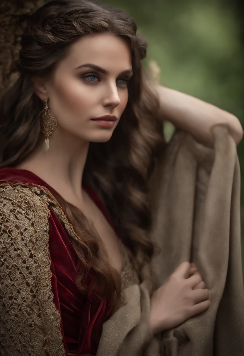 Obra-prima, fotografia hiper-realista (retrato: 0,9) de melhor qualidade, de (Effortlessly beautiful young Nordic queen with dark braided hair and pale skin), ((Serana de Skyrim)), ((rosto perfeito)), looking seductive, (altamente detalhado pele), textura realista, supple skin pores, (usando vestes de realeza vermelho de veludo: 1.2), standing in front of the burning Castle, fantasia sombria_\(scenecy\), atmosfera sinistra, nuvens de tempestade acima, temperatura de cor fria, no fun, ( cinematic lighthing), profundidade de campo rasa, photographed on a mirrorless digital camera Leica SL (Typ 601), lente 35mm F/1.4 cine, foco suave, (hiperdetalhado, intrincadamente detalhado), semelhante a filme, HDR, 8k, Fixed image of Skyrim Live Action Adaptation, de frente, [detalhe]