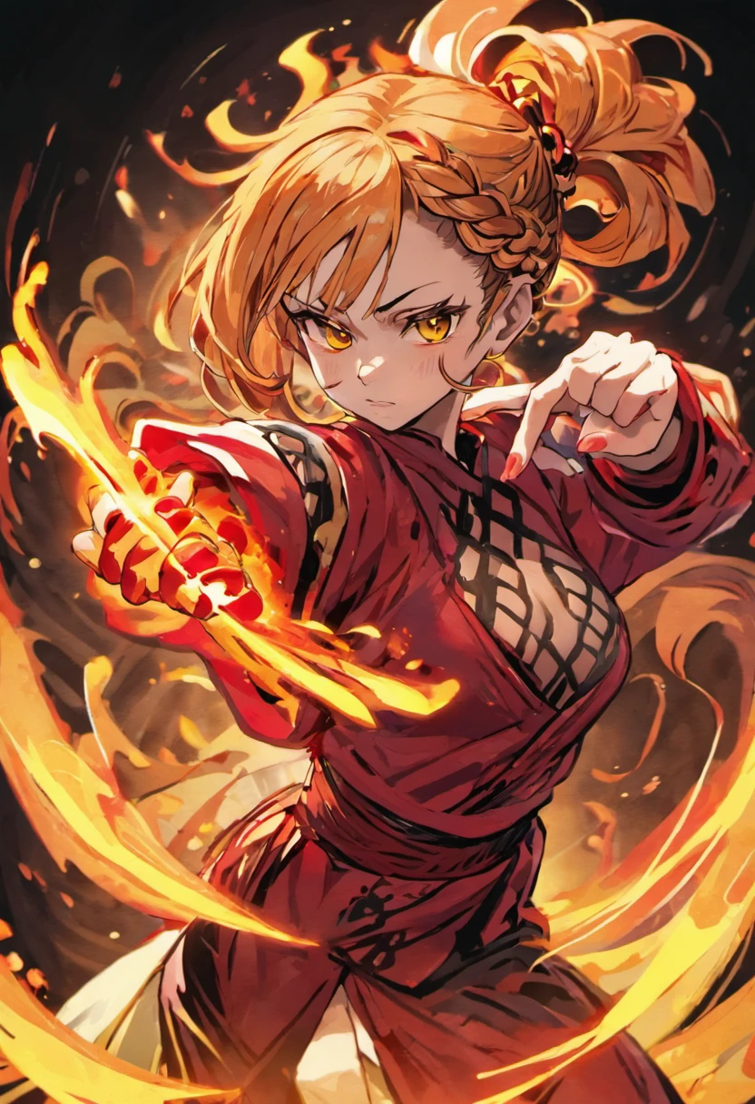 The facial features are clear and three-dimensional,Masterpiece,Highest quality,Oriental face,Oriental martial artist,one-girl,Gorgeous Japanese costumes,martial art,火焰,Yellow and red flames,Twist braids
