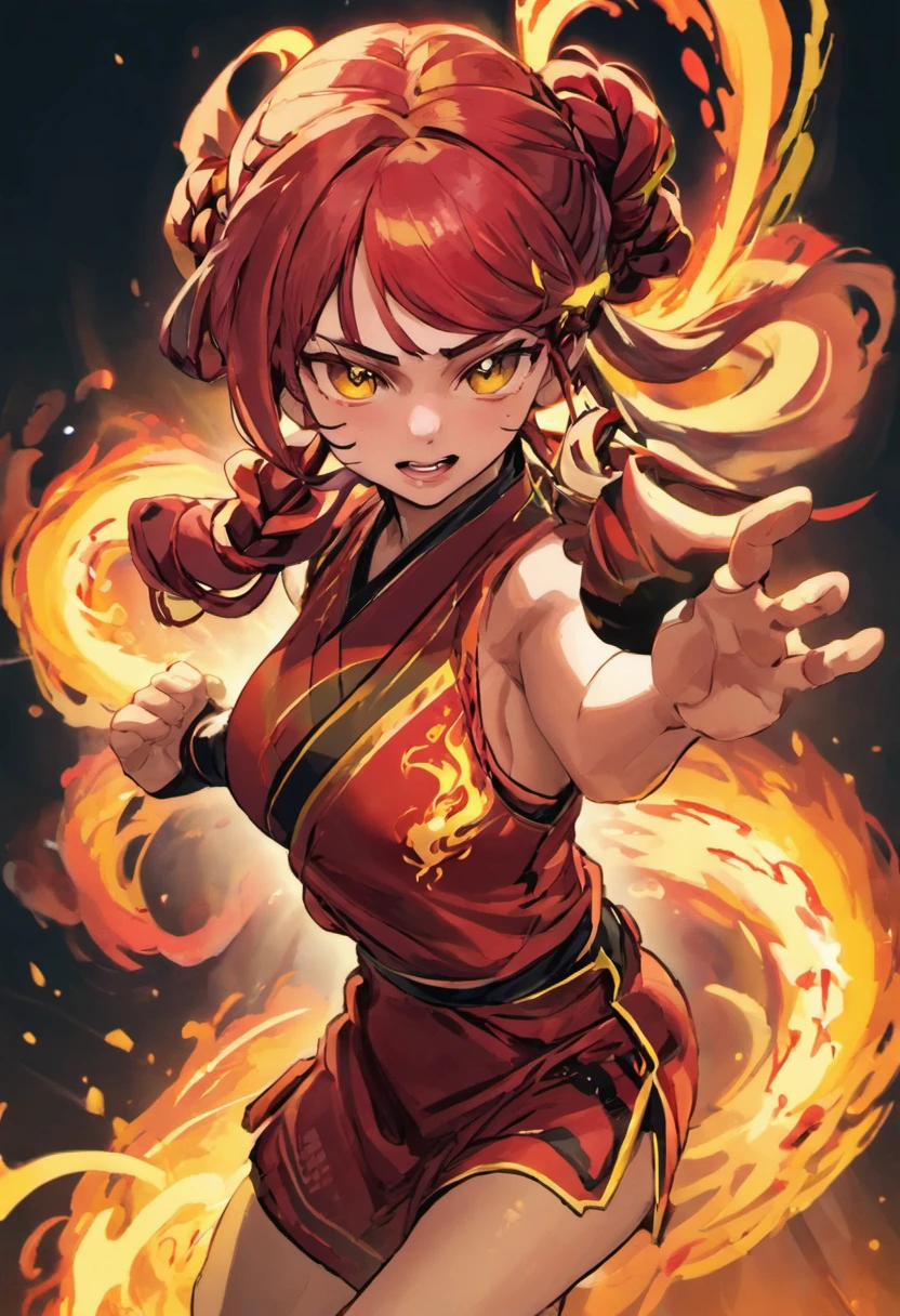 The facial features are clear and three-dimensional,Masterpiece,Highest quality,Oriental face,Oriental martial artist,one-girl,Gorgeous Japanese costumes,martial art,火焰,Yellow and red flames,Twist braids