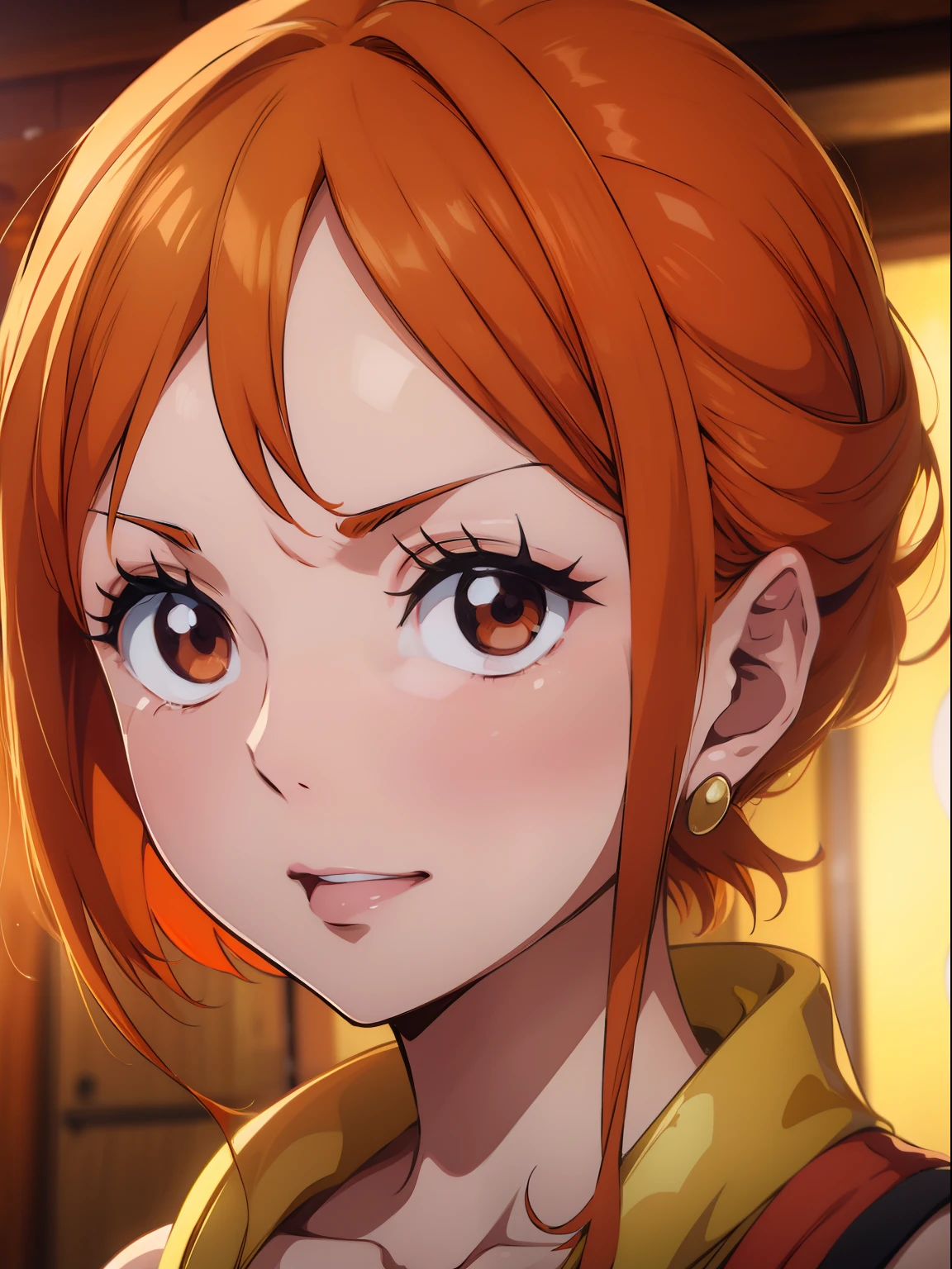 Naami From One-piece , short orange hair , red lips , gold hearing on her hearing, hyper realistic Detailed high quality image 4k Image