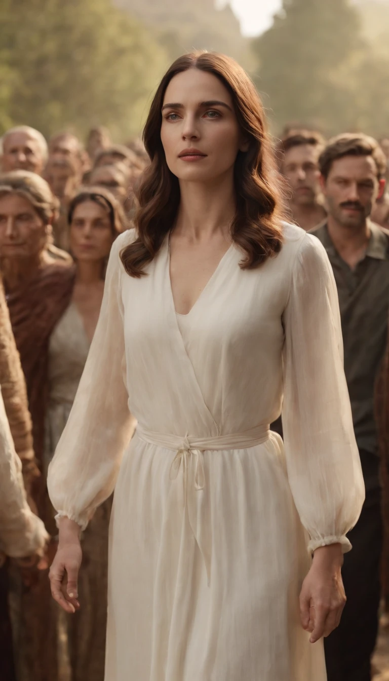 a woman standing in front of a crowd of people, Afterlife, Depois da vida, anti vida, Arcane TV series style, Afinal de contas, depois de uma batalha, style arcane tv series, estilo de carbono alterado, resultado, after effects, filme live action, Alfred and the afterlife, A vida depois da peste, series on netflix, filme live action