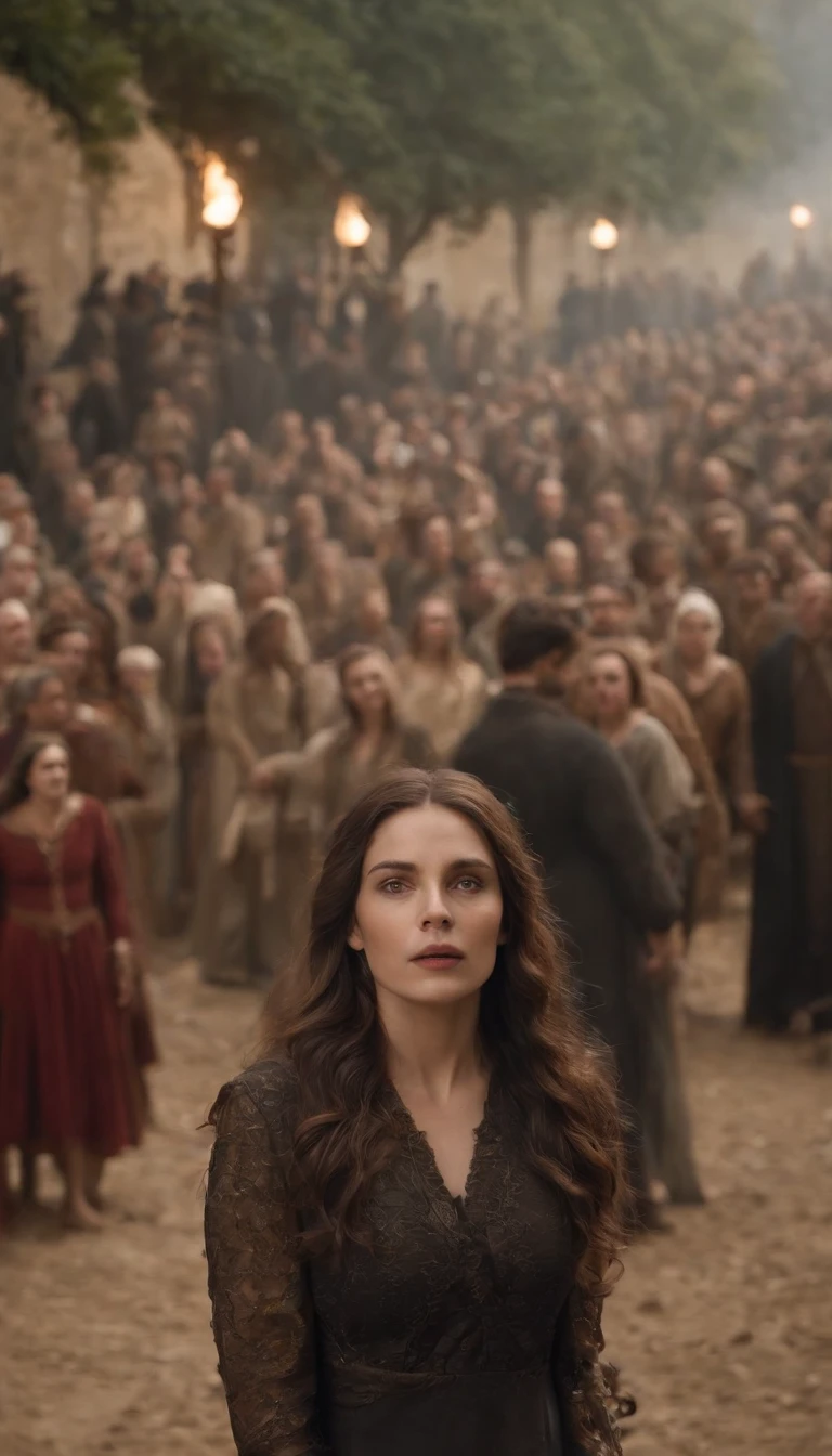 a woman standing in front of a crowd of people, Afterlife, Depois da vida, anti vida, Arcane TV series style, Afinal de contas, depois de uma batalha, style arcane tv series, estilo de carbono alterado, resultado, after effects, filme live action, Alfred and the afterlife, A vida depois da peste, series on netflix, filme live action