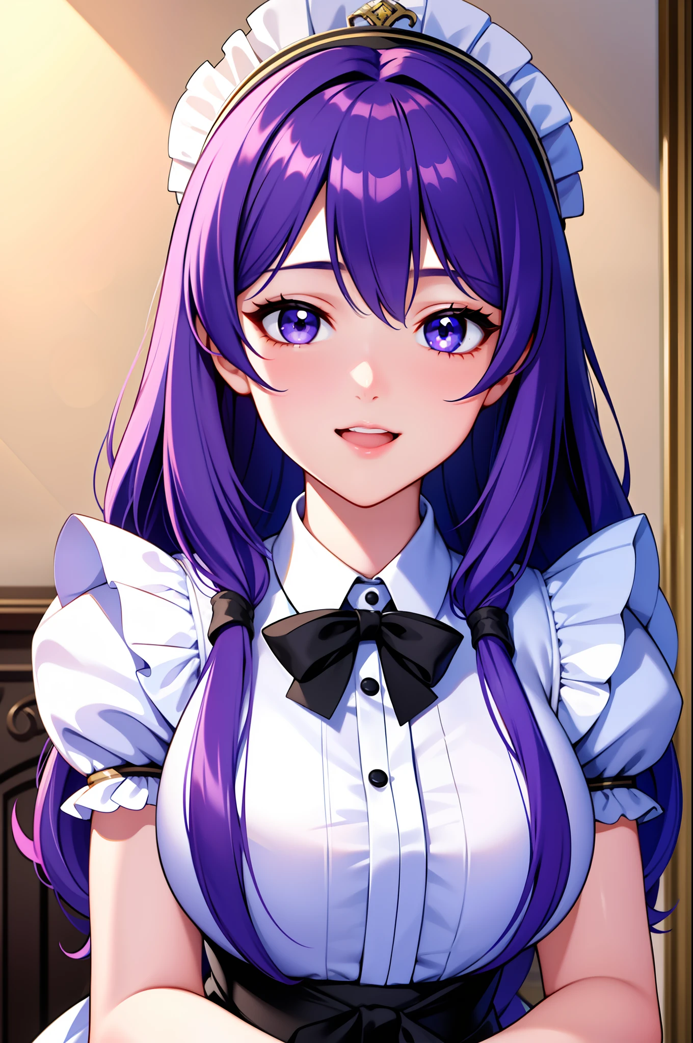masterpiece, best quality, beautiful detailed hair detailed face, perfect feminine face, [outline:1.5], (happy:1.2), open mouth, smiling, (close-up potrait:1.2), face focus, a beautiful and cute girl with sparkling and glowing purple hair, in maid wearing, enmaided, maid headdress, white apron, apron, lace apron, frills apron, puffy sleeves, wrist cuffs, young girl, solo, 1girl, ahoge, side hair, very long hair, shiny skin, lens flare, sharp focus, volumetric lighting, trending on artstation, pixiv, by sakimichan, george kamitani, akira yasuda, alphonse mucha, greg rutkowski, gil elvgren, william-adolphe bouguereau, oil on canvas, look at viewer, narrow perspective