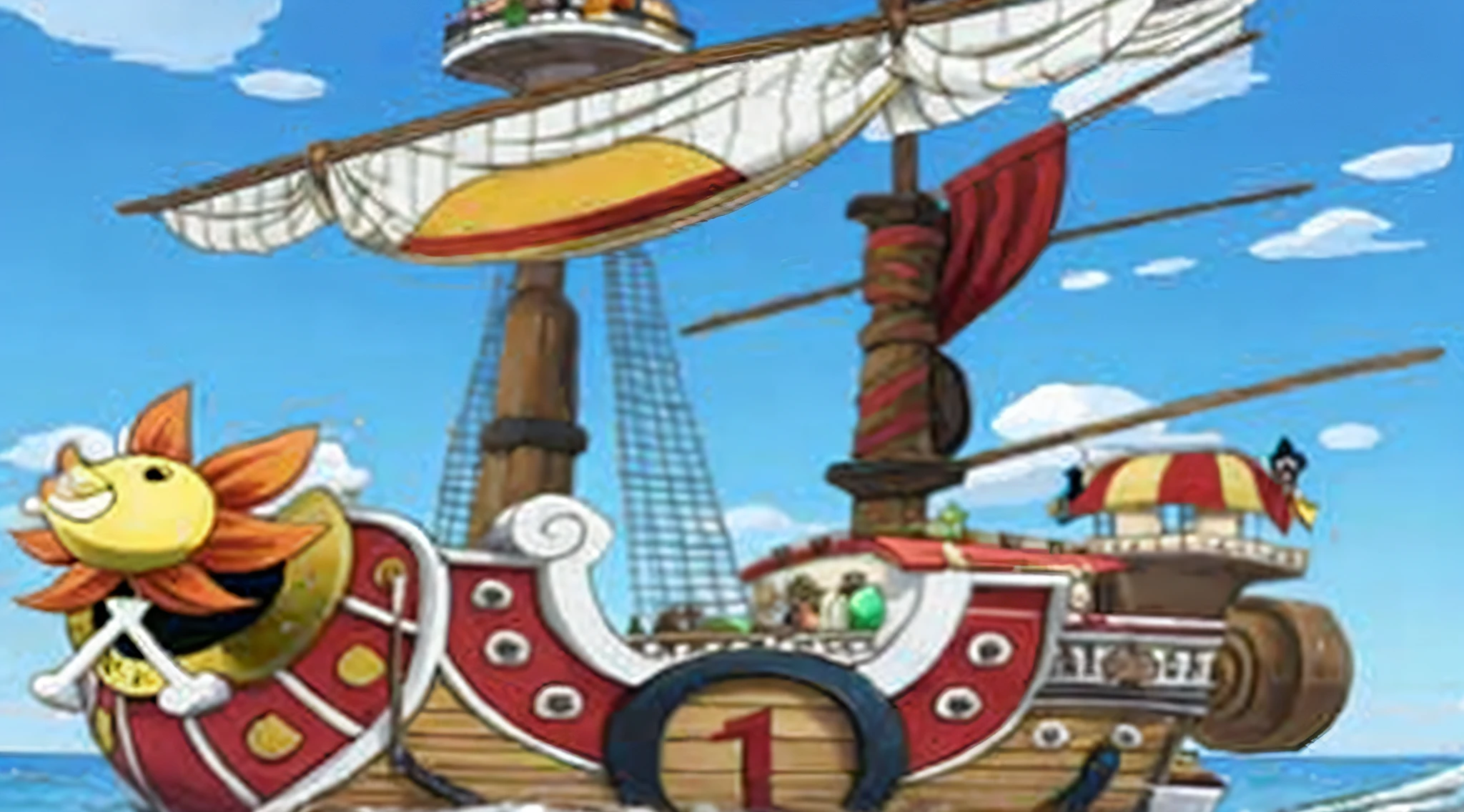 There's a cartoon pirate ship with a fish on it, Navio One Piece navegando, from one piece, um navio pirata impossivelmente enorme, Rei dos piratas, Arte Oficial, coruja, one piece, anime", Estilo One Piece, one piece artstyle, arte oficial, Navios voadores em segundo plano, em um fundo de navio pirata, nami from one piece, Thousand Sunny