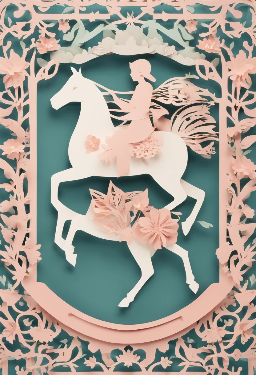 midcentury style illustration of a baby on a horse, minimal design, pastel colours