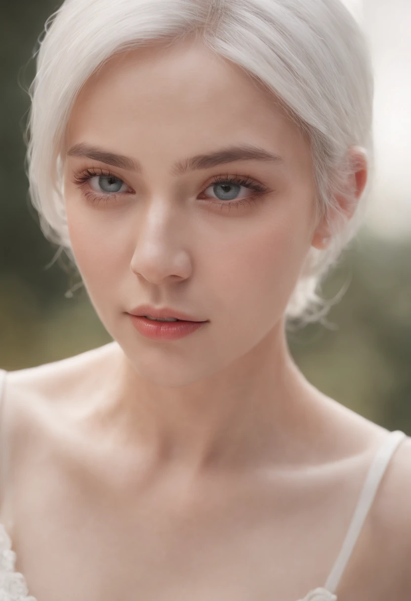 of a real, The facial features are well drawn, Realistic skin texture, She had a scar on her face,Gentle, closeup cleavage, head portrait,, White crystal eyes, with short white hair, depth of fields, dynamic blur, Highlight, Real light, Light arrives, oc rendered, Hyper-realistic, Best quality, 8K, Works of masters, super-fine, Detailed pubic hair, Correct anatomy, sharp focus on eyes, Carefully drawn facial features