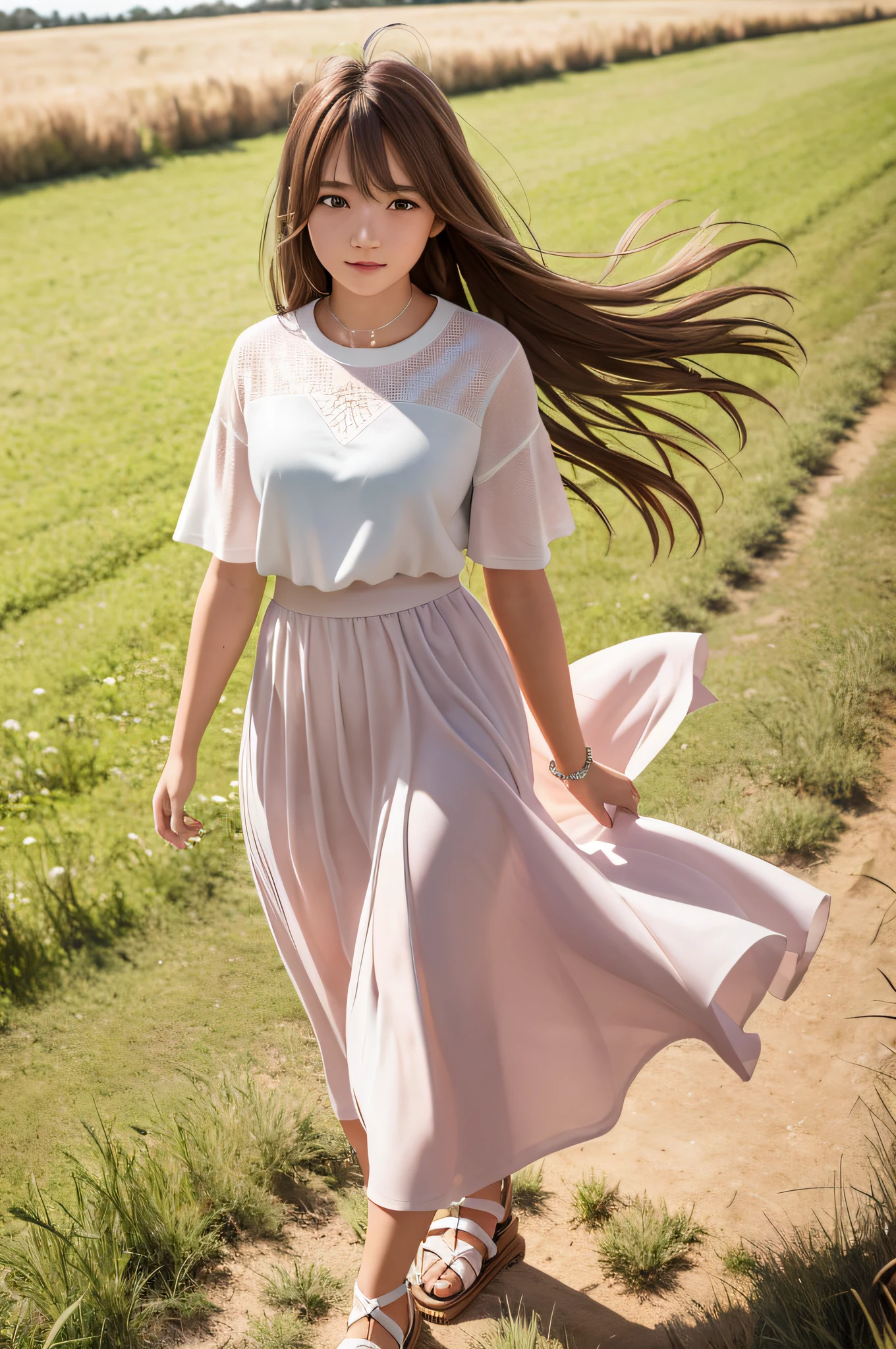 18 year old girl walking in long grass, {{{wide angle shot:1.2}}}, {{{full body shot:1.2}}}, {best quality}, {{masterpiece}}, {highres}, extremely detailed girl, teenager, australian, {{{pale skin}}}, {{{detailed face}}}, {anime}, {{perfect anatomy}}, sharp focus, {{{character{1 girl}}}}, solo, {{{plain white short sleeve-tshirt, long pink tiered maxi skirt, white sandals}}}, dark blue eyes, {{{{{sharp focus}}}}}, {medium hair, light-brown hair}, {{{detailed cloth texture}}}, {{{detailed skin texture}}}, {{{smooth lighting}}}, {{{australian themed background}}}, light smile, long grass, country side, wind blowing, hair in wind, skirt flowing in wind,
