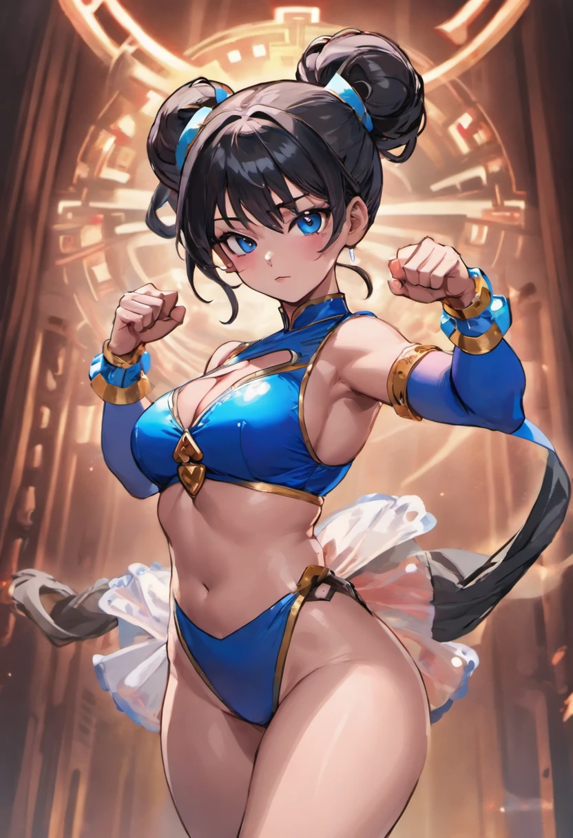 1girl, big breasts angled side view,blue leotard, perfect face,, face looking at viewer, black hair, with light grey highlights, perfect lighting, chun li, black hair bun, double bun, eyeshadow, makeup, chinese clothes, pelvic curtain, solo, dress, bracelet, ribbon, pants, blue pants, makeup, short sleeves, wide hips, thick thighs