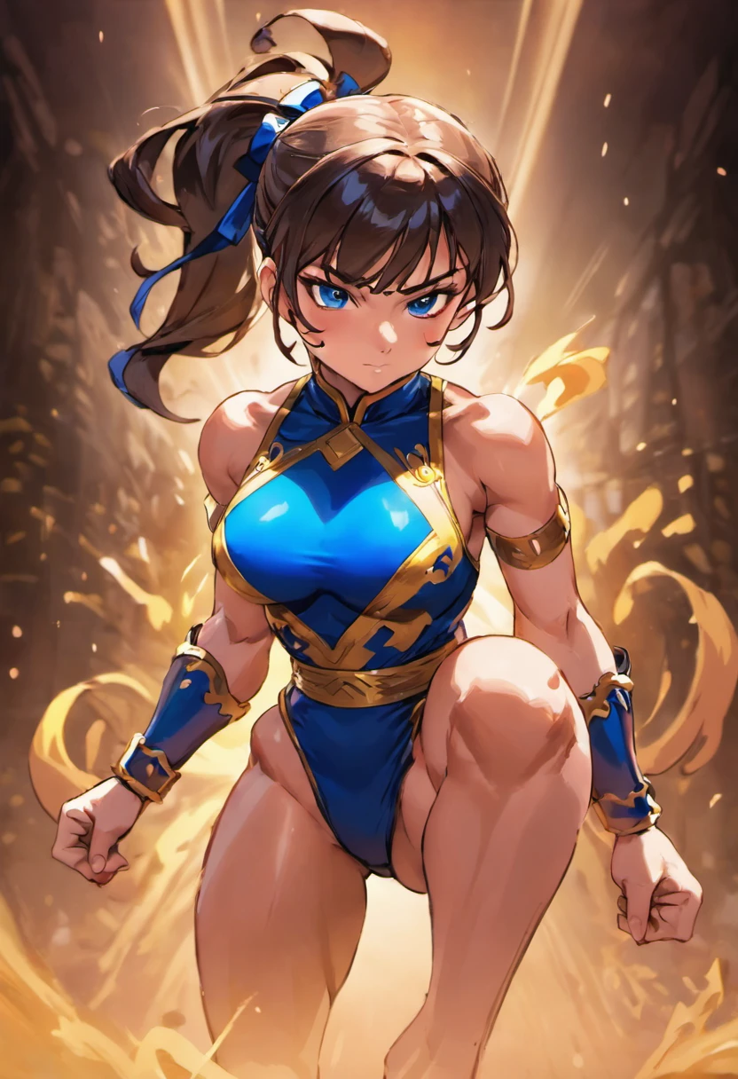 The image depicts Chun-Li, the iconic Street Fighter character, in all her glory. Captured in the highest quality 8k and using the legendary Canon Eos R6 camera, the image is a true masterpiece. Chun-Li is standing, showing off her beautiful athletic body and confident posture. His toned muscles are clearly visible, demonstrating his impressive strength and agility. Her blue and gold combat suit enhances her lean, powerful figure. Chun-Li's extremely beautiful face is a highlight in this image. Her expressive eyes shine with determination, while her winning smile conveys a mixture of grace and courage. Every feature of her face is meticulously captured, revealing her unique beauty. 8k resolution and maximum quality ensure that every image detail is exceptionally sharp and lifelike. Every hair, every crease in the suit, and every muscle is accurately represented, creating a highly detailed image. This masterpiece, with an impressive score of 1.2, captures the essence of the Chun-Li character, highlighting her beauty, strength and determination. It's an image that is sure to delight Street Fighter fans and appreciators of high quality digital art.