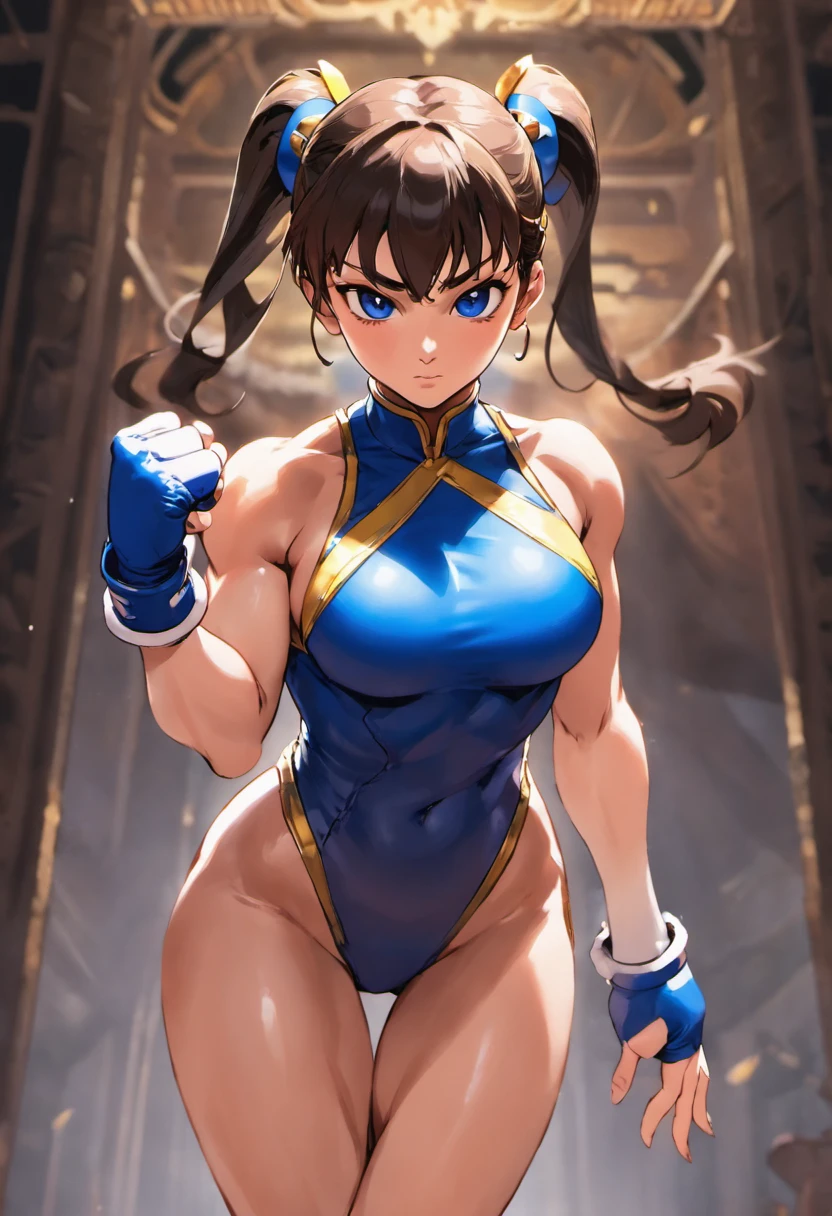 The image depicts Chun-Li, the iconic Street Fighter character, in all her glory. Captured in the highest quality 8k and using the legendary Canon Eos R6 camera, the image is a true masterpiece. Chun-Li is standing, showing off her beautiful athletic body and confident posture. His toned muscles are clearly visible, demonstrating his impressive strength and agility. Her blue and gold combat suit enhances her lean, powerful figure. Chun-Li's extremely beautiful face is a highlight in this image. Her expressive eyes shine with determination, while her winning smile conveys a mixture of grace and courage. Every feature of her face is meticulously captured, revealing her unique beauty. 8k resolution and maximum quality ensure that every image detail is exceptionally sharp and lifelike. Every hair, every crease in the suit, and every muscle is accurately represented, creating a highly detailed image. This masterpiece, with an impressive score of 1.2, captures the essence of the Chun-Li character, highlighting her beauty, strength and determination. It's an image that is sure to delight Street Fighter fans and appreciators of high quality digital art.
