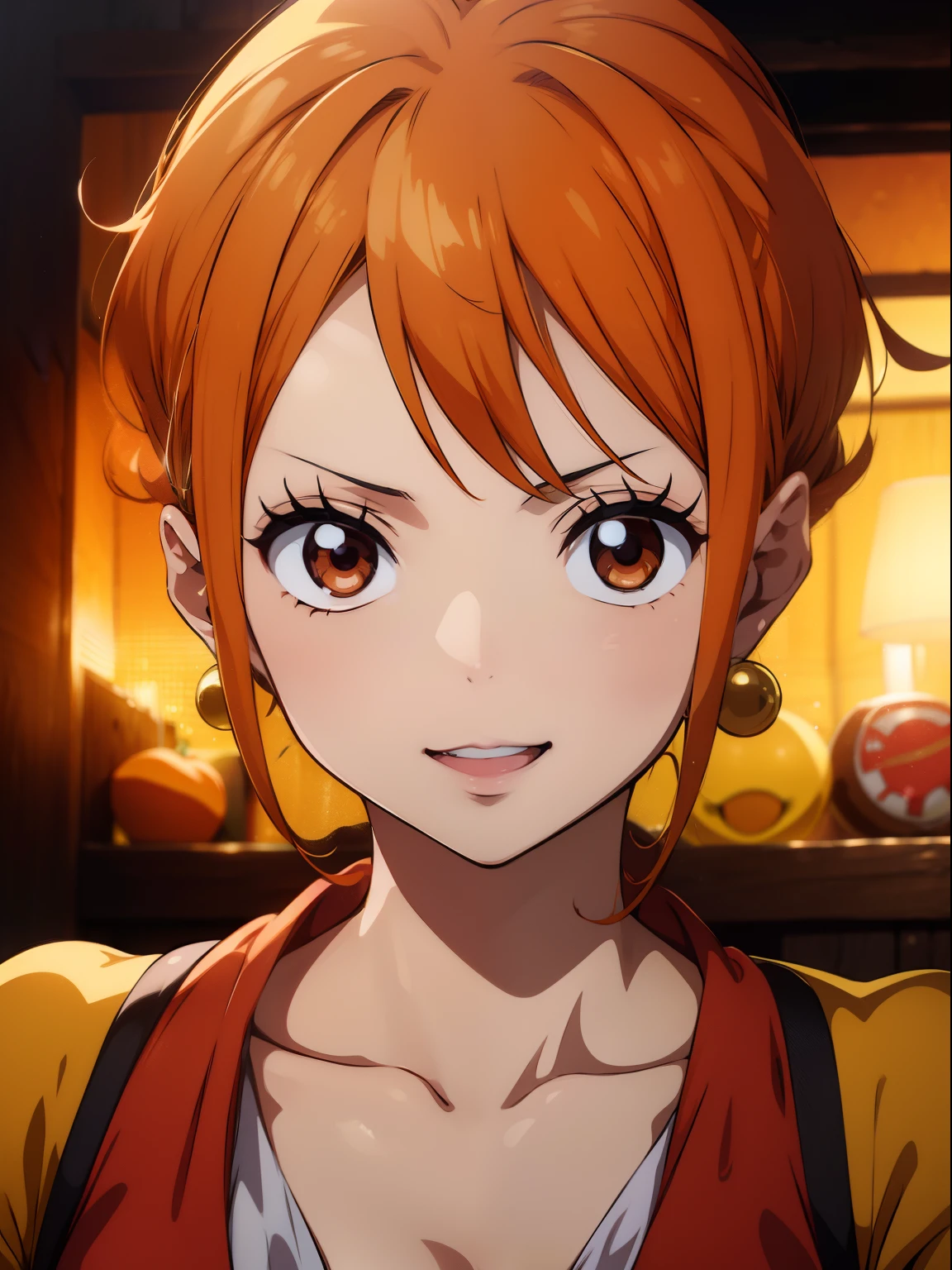 Naami From One-piece , short orange hair , red lips , gold hearing on her hearing, hyper realistic Detailed high quality image 4k Image