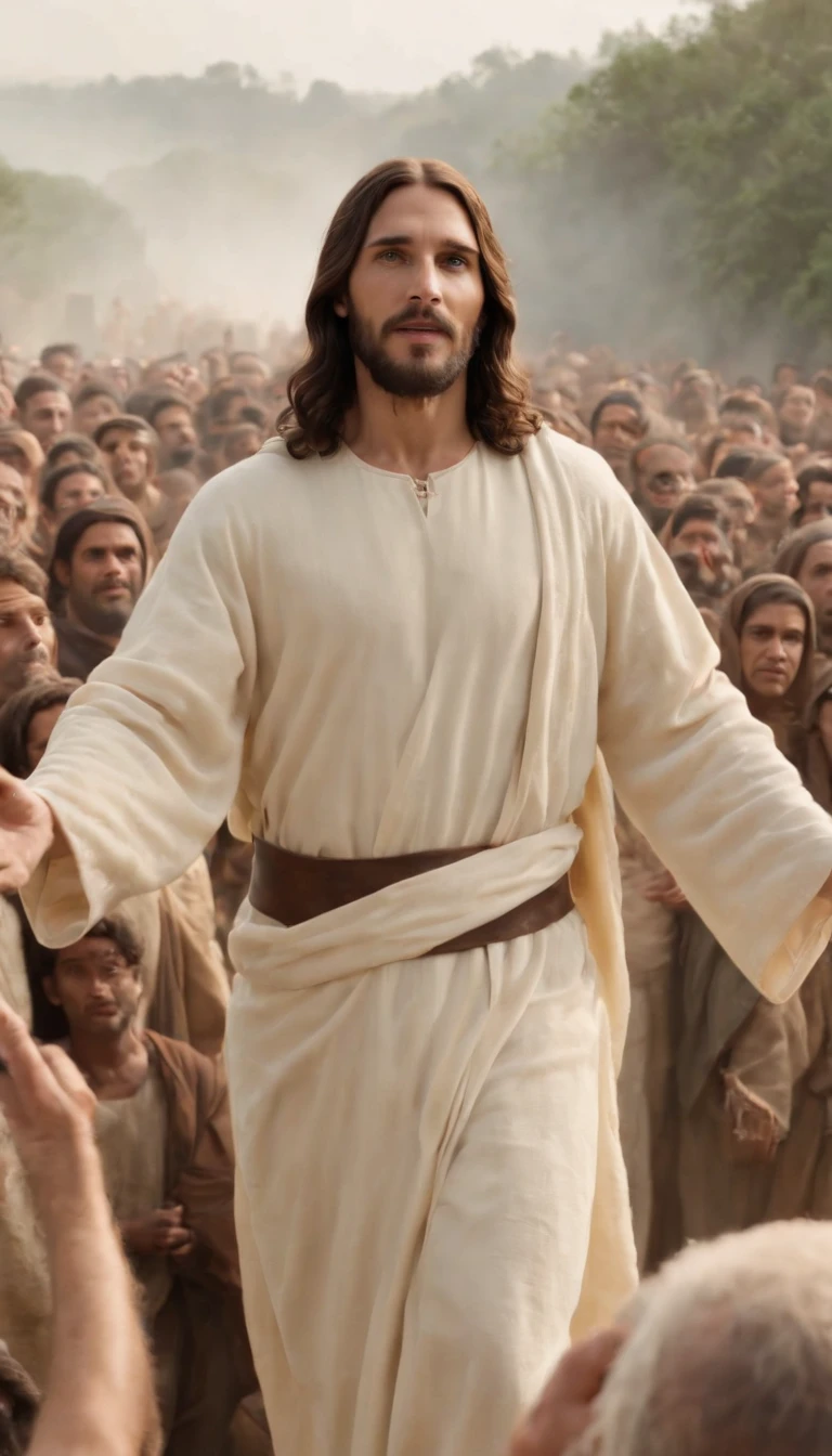 Jesus Christ standing in front of a crowd of people, Afterlife, Depois da vida, anti vida, Arcane TV series style, Afinal de contas, depois de uma batalha, style arcane tv series, estilo de carbono alterado, resultado, after effects, filme live action, Alfred and the afterlife, A vida depois da peste, series on netflix, filme live action