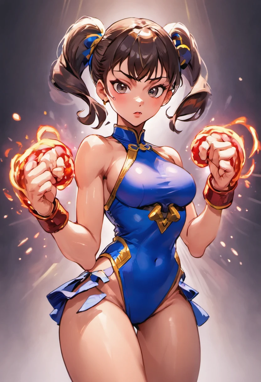 Street Fighter chun li, Perfect eyes, Perfect Iris, Retro outfit,full body view,Acrylic art by Artgerm and Gediminas Pranckevicius, intricate, highly detailed, crispy quality, dynamic lighting, hyperdetailed and realistic., 8k, UHD, HDR, (Masterpiece:1. 5), (best quality:1. 5) Model: jim EIDOMODE