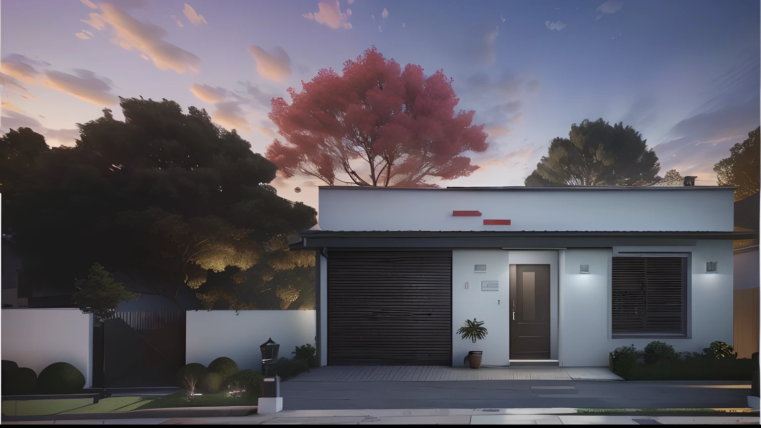 There is a white house with a red roof and a tree, umas rampa na frente da garage, night ligthning, lumion rendering, high-quality render, renderizado no lumion pro, semi-realistic rendering, renderizado em v-ray, renderizado em vray, high-quality render, a photorealistic rendering, renderizado em povray, night time render, professional render, photorealistic render, architectural render
