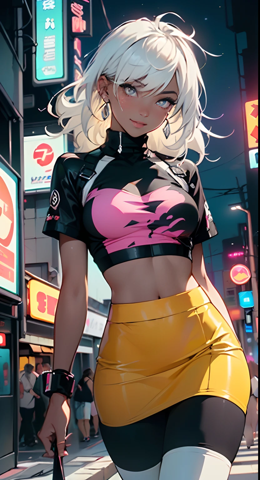 dark skin,very dark skin,dark_skin,
girl rave,(((1girl))),((anime girl with extremely cute and beautiful white hair walking seductively down the street)),

(large breasts:1.4),saggy breasts,(((white hair:1.35,straight hair,long hair:1.4,colored inner hair,ear breathing))),((very light yellow eyes:1.3,upturned eyes:1.3,perfect eyes,beautiful detailed eyes,gradient eyes:1,finely detailed beautiful eyes:1,symmetrical eyes:1,big highlight on eyes:1.2)),((fat)),((((black girl,black skin,dark-skinned_female,dark skin:1.3,ebony skin,lustrous skin:1.5,bright skin: 1.5,shiny skin,very shiny skin,shiny body,plastic glitter skin,exaggerated shiny skin,shiny skin like ebony))),(spider lower abdomen,narrow waist,wide hip,athletic body,inflated legs,delicate detailed fingers,detailed body,detailed arms,human hands,(detailed face)),glowing skin,shiny eyes with reflexion,splashing,ultra shiny hairs, neon hairs,hologram body

cute,slutty,seductive,erotic,(((nsfw))),

zettai ryouiki,revealing clothing,show skin,((rave shirt with an yellow print,rave mini-skirt,visible thong straps)),(wearing a rave outfit:1.3,rave clothes,semi-naked,with little clothing,),(detailed outfit,detailed clothes),glowing clothes,

(dynamic pose:1.0),solo focus,((mischievous smile)),centered,scale to fit dimensions,Rule of thirds,

outdoors,((night view)),(very pretty city neon synthwave,cyberpunk night street Background:1.5,dark sky,thick clouds),future vehicles,((neon lights)),thick clouds,(cyberpunk style,neon lights, (synthwave theme background), lonely street),(((detailed background:1.25))),

(best quality),(high resolution),(sharp focus),(ultra detailed),(extremely detailed),(extremely high quality artwork),8k_wallpaper,(extremely detailed CG 8k),(very fine 8K CG),((hyper super ultra detailed perfect piece)),flawless,(((masterpiece))),illustration,vibrant colors,(intricate),High contrast,Selective lighting,Double exposure,HDR (High Dynamic Range),Post-processing,Background blur,