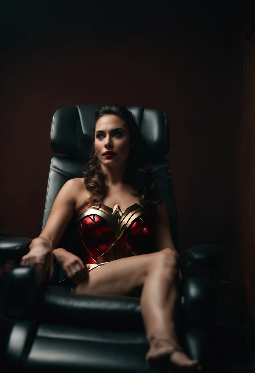 Buxom wonderwoman is bound in a narrow and dark room on a massage chair, putting on a VR machine and headphone.ultra realistic,editorial photography,Hyper realistic,Hyper Detailed,like photograph,photo shoot,overlook,whole body,full body