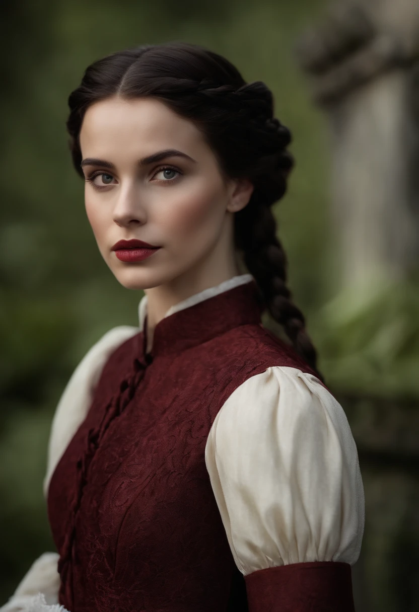 obra-prima, fotografia hiper-realista (retrato: 0,9) de melhor qualidade, de (Effortlessly beautiful young queen with dark braided hair and pale skin), (segurando espada), ((rosto perfeito)), looking seductive, (altamente detalhado pele), Textura realista, supple skin pores, (usando vestes de realeza vermelho de veludo: 1.2), em frente ao Castelo em chamas, fantasia sombria_\(scenecy\), Atmosfera sinistra, nuvens de tempestade acima, temperatura de cor fria, no fun, ( cinematic lighthing), profundidade de campo rasa, photographed on a mirrorless digital camera Leica SL (Tipo 601), lenta 35mm F/1.4 Filmes, Foco suave, (hiperdetalhado, intrincadamente detalhado), semelhante a filme, HDR, 8k, Fixed image of Live Action Adaptation of War and Rebellion, lado a lado, [detalhe]