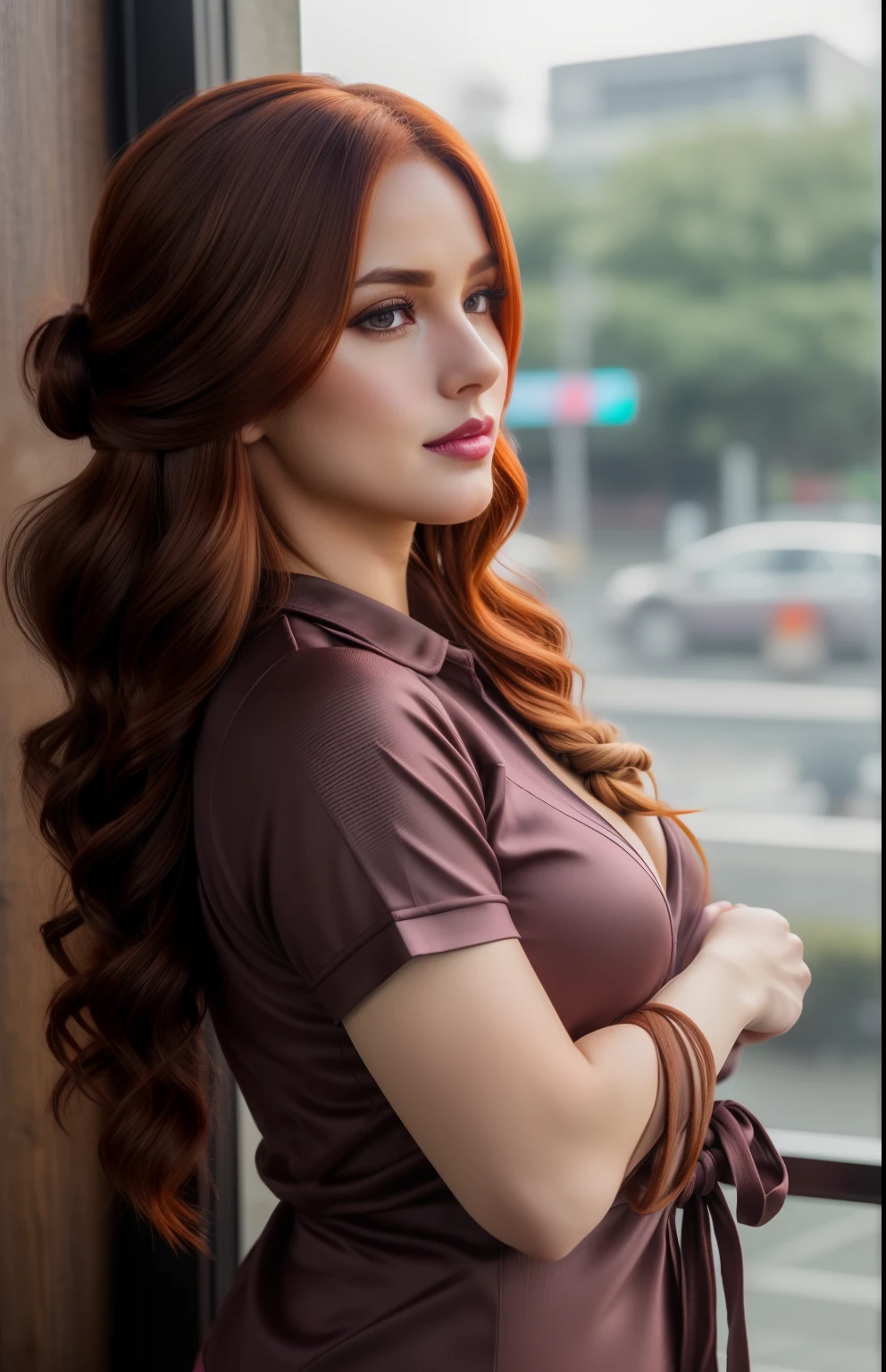 ((realistic skin texture, full body)), alluring caucasic woman using lipstick,  casual outfit, ((ginger tied up mid hair)), cute pose looking away, huge hooters, ((best quality, best quality, realistic photography)), ((masterpiece)),(full head on frame)) browndark hair gengar plush Pokémon in hands