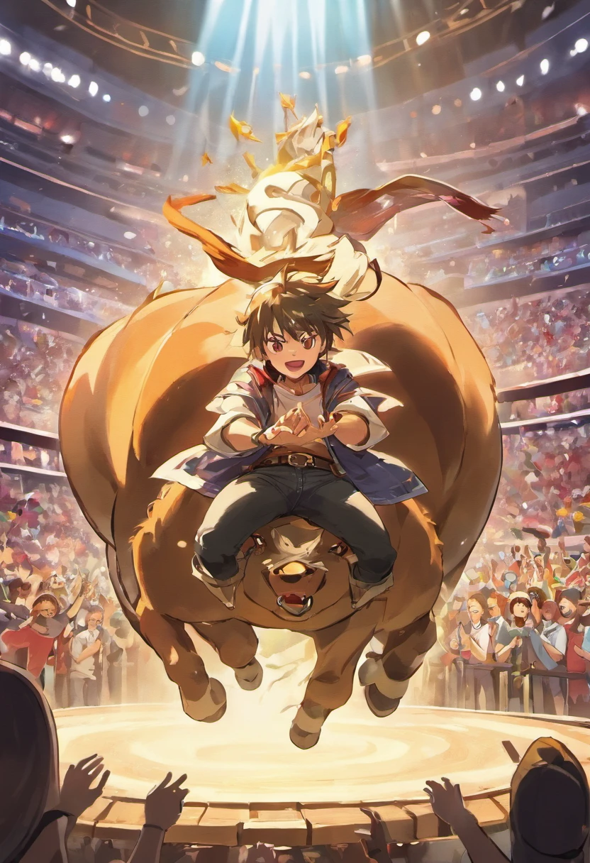 Create a 2D illustration of a brave cowboy riding a mechanical bull as the crowd cheers around. The cowboy must be wearing a worn-out cowboy hat, a plaid shirt and jeans. The mechanical bull should be shown with bright red eyes, chifres prateados e uma pintura de fogo em todo o corpo. The crowd should be made up of excited and excited people, usando roupas de rodeio e segurando cartazes de apoio. The setting may include a large stage with floodlights and an arena filled with sand. Let your imagination flow and create a scene full of energy and emotion!