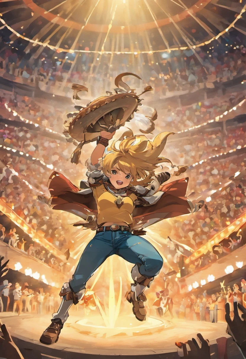 Create a 2D illustration of a brave cowboy riding a mechanical bull as the crowd cheers around. The cowboy must be wearing a worn-out cowboy hat, a plaid shirt and jeans. The mechanical bull should be shown with bright red eyes, chifres prateados e uma pintura de fogo em todo o corpo. The crowd should be made up of excited and excited people, usando roupas de rodeio e segurando cartazes de apoio. The setting may include a large stage with floodlights and an arena filled with sand. Let your imagination flow and create a scene full of energy and emotion!