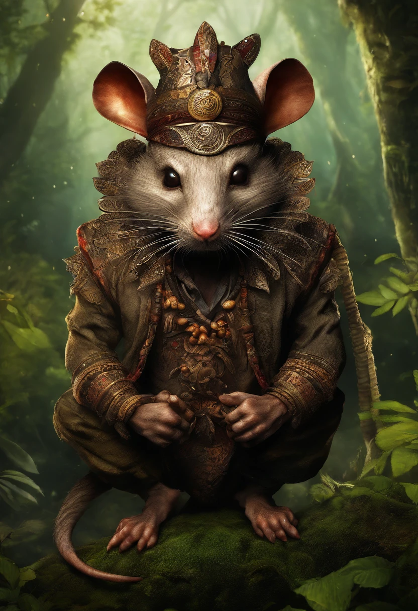 This is an image of a Chinese zodiac Rat (Sub-rats) in a cartoon style, striking an enchanting pose. It's designed as a mobile wallpaper with 8K resolution, high-quality details, and 3D rendering, primarily in a surrealistic style. The Rat is set in a magical forest world. Soft light filters through the leaves, casting a glow on its adorable features. The surroundings are filled with a sense of mystery and fantasy, as if stepping into a captivating fairy tale.