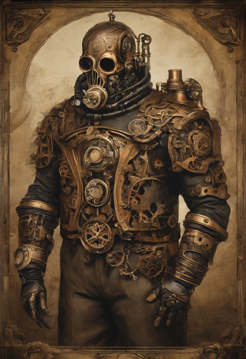 A very strong cyborg modified man of about forty years old looks down at the camera from a garbage heap,The background is dark and oppressive