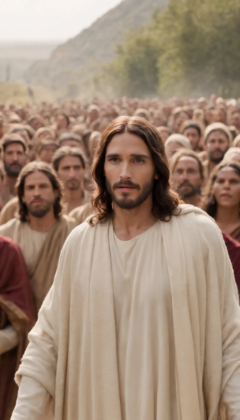 Jesus Christ standing in front of a crowd of people, Afterlife, Depois da vida, anti vida, Arcane TV series style, Afinal de contas, depois de uma batalha, style arcane tv series, estilo de carbono alterado, resultado, after effects, filme live action, Alfred and the afterlife, A vida depois da peste, series on netflix, filme live action