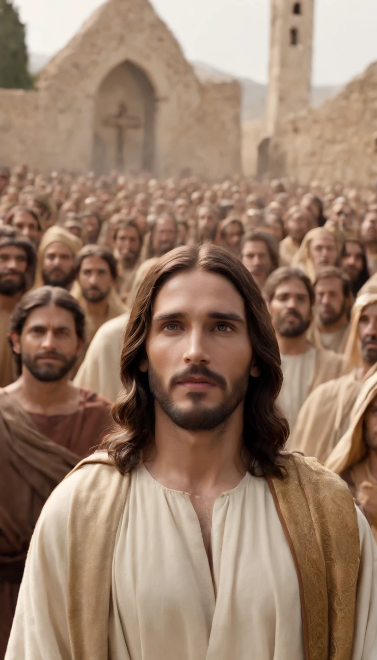 Jesus Christ standing in front of a crowd of people, Afterlife, Depois da vida, anti vida, Arcane TV series style, Afinal de contas, depois de uma batalha, style arcane tv series, estilo de carbono alterado, resultado, after effects, filme live action, Alfred and the afterlife, A vida depois da peste, series on netflix, filme live action