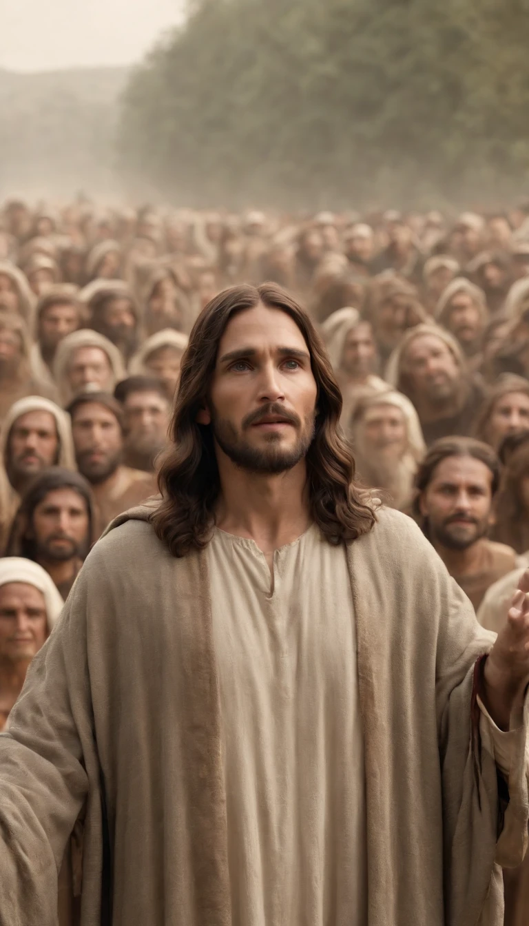 Jesus Christ standing in front of a crowd of people, Afterlife, Depois da vida, anti vida, Arcane TV series style, Afinal de contas, depois de uma batalha, style arcane tv series, estilo de carbono alterado, resultado, after effects, filme live action, Alfred and the afterlife, A vida depois da peste, series on netflix, filme live action
