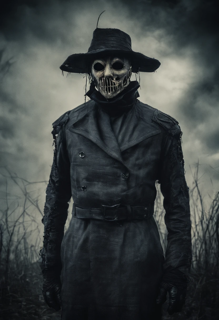 A man with roboarmillar scarecrow mask