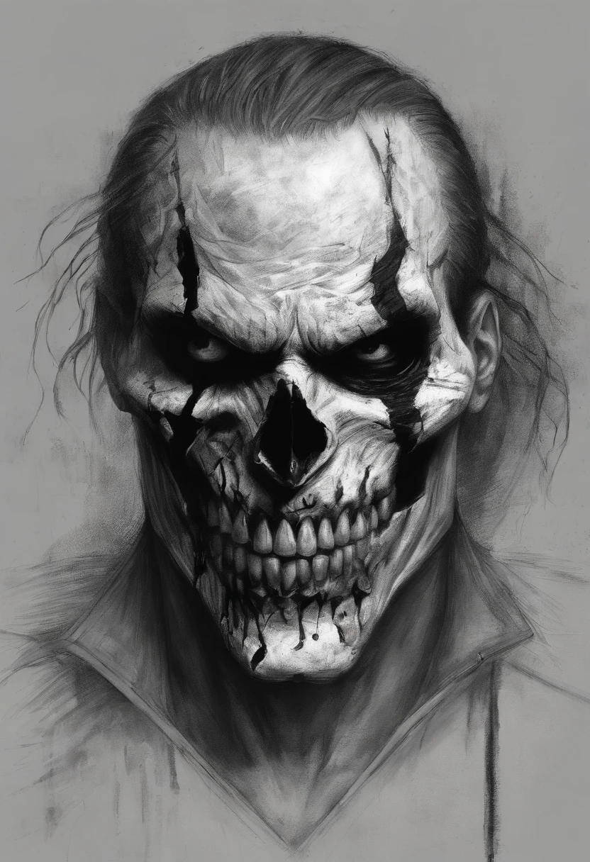 A sketch drawing of character skull joker, hyper-realistic, artistic, all black and white