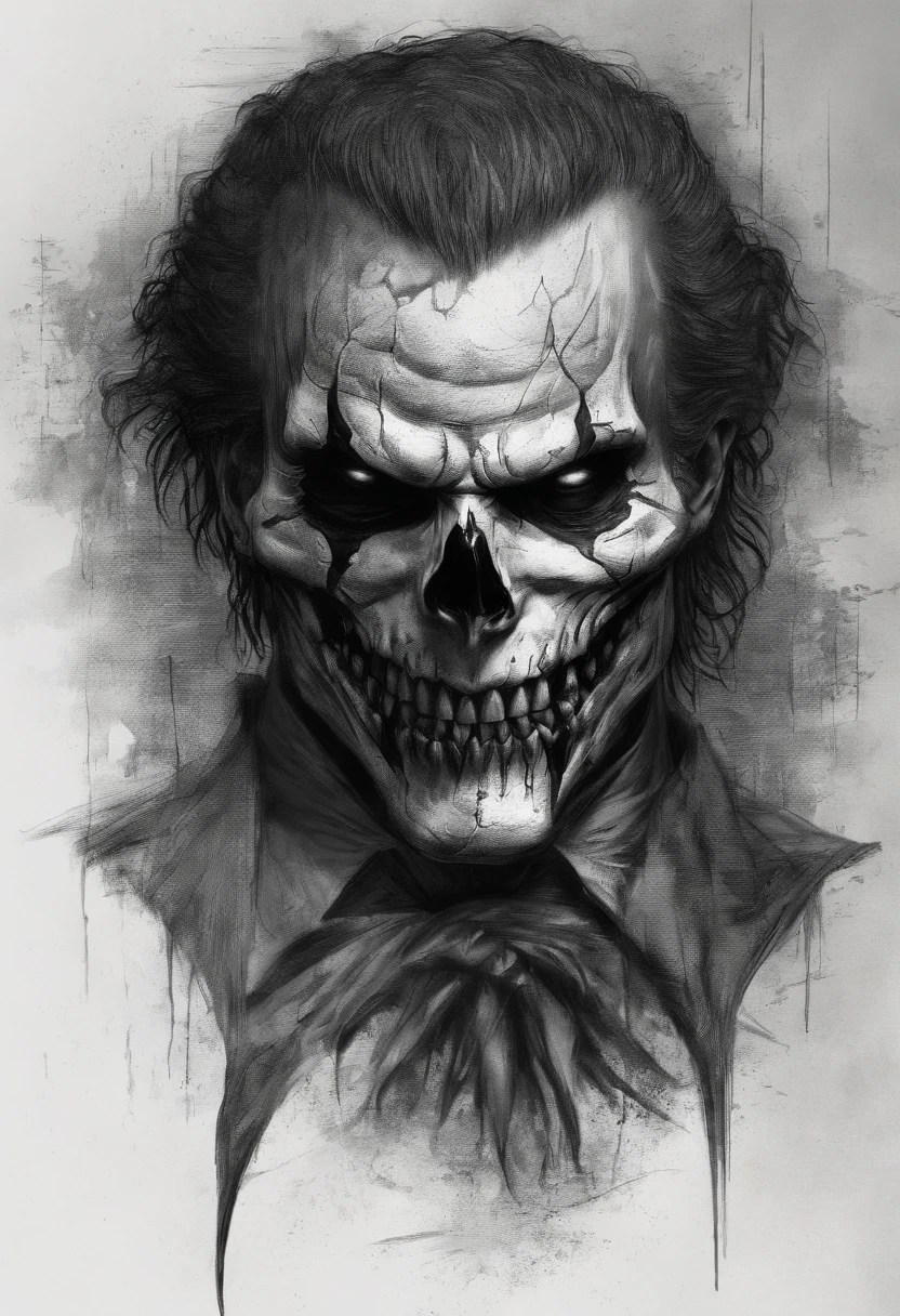 A sketch drawing of character skull joker, hyper-realistic, artistic, all black and white
