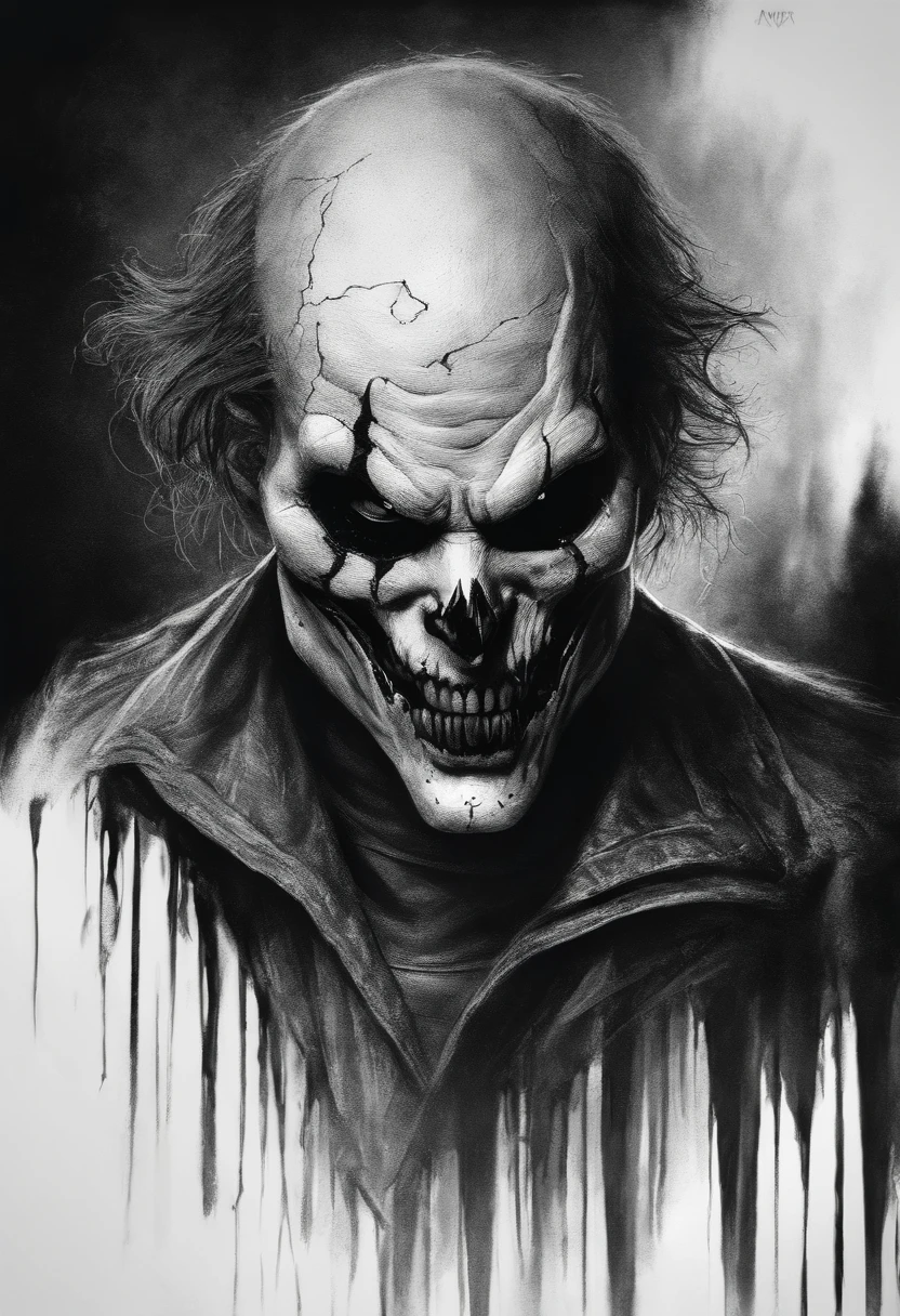 A sketch drawing of character skull joker, hyper-realistic, artistic, all black and white