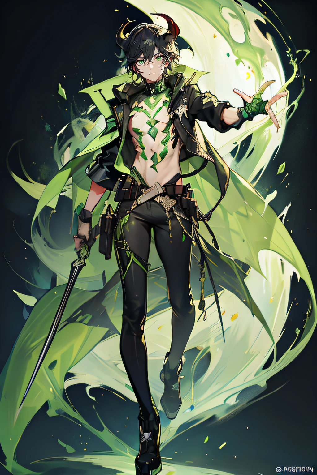 handsome male with black hair and bright green eyes, athetlic build, transforming into a large demon with crackling magic energy everywhere, neon colors, black background, radiating power