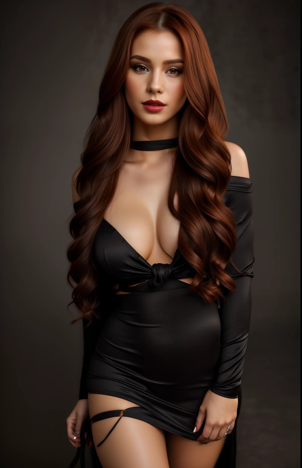 ((realistic skin texture, full body)), alluring caucasic woman using lipstick, black long outfit, ((ginger tied up mid hair)), cute pose looking away, huge hooters, ((best quality, best quality, realistic photography)), ((masterpiece)),(full head on frame)) browndark hair